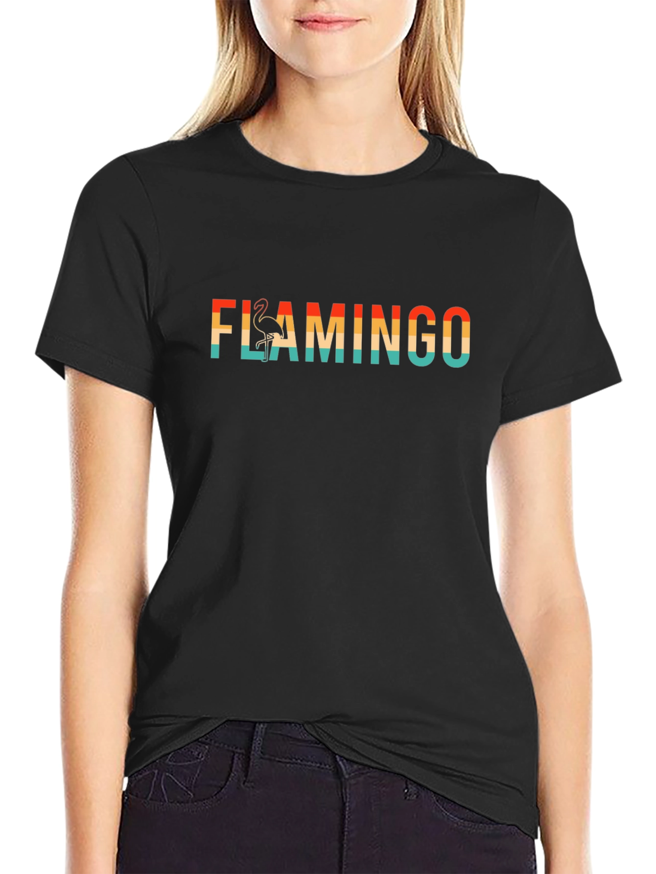 Retro Flamingo Graphic Tee - Black Cotton T-Shirt
