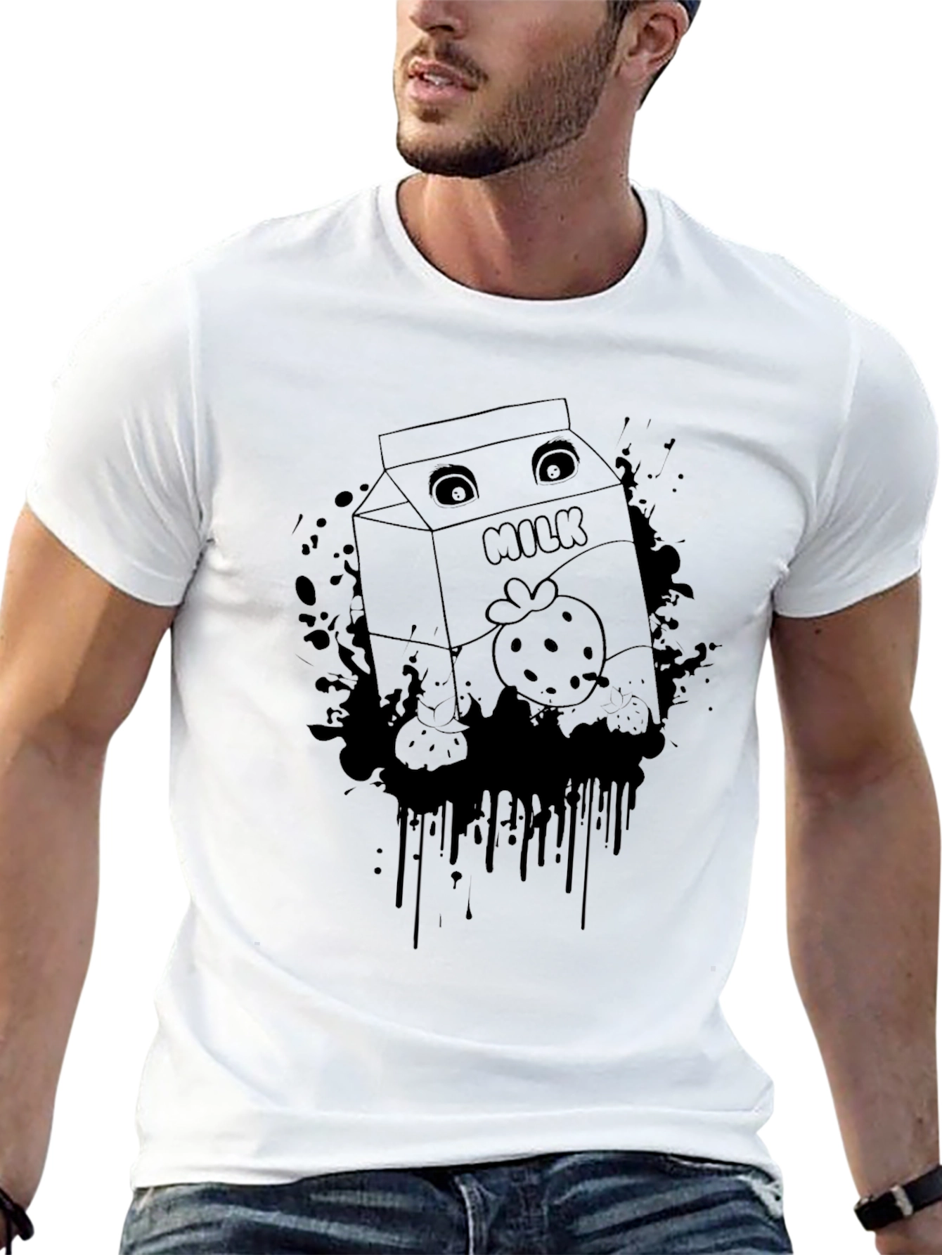 Strawberry Milk Cartoon Graphic Black T-Shirt