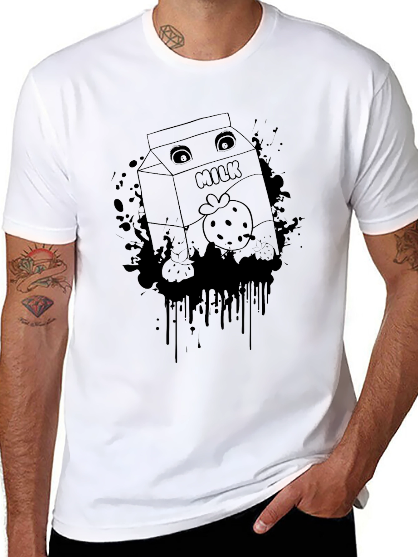 Strawberry Milk Cartoon Graphic Black T-Shirt