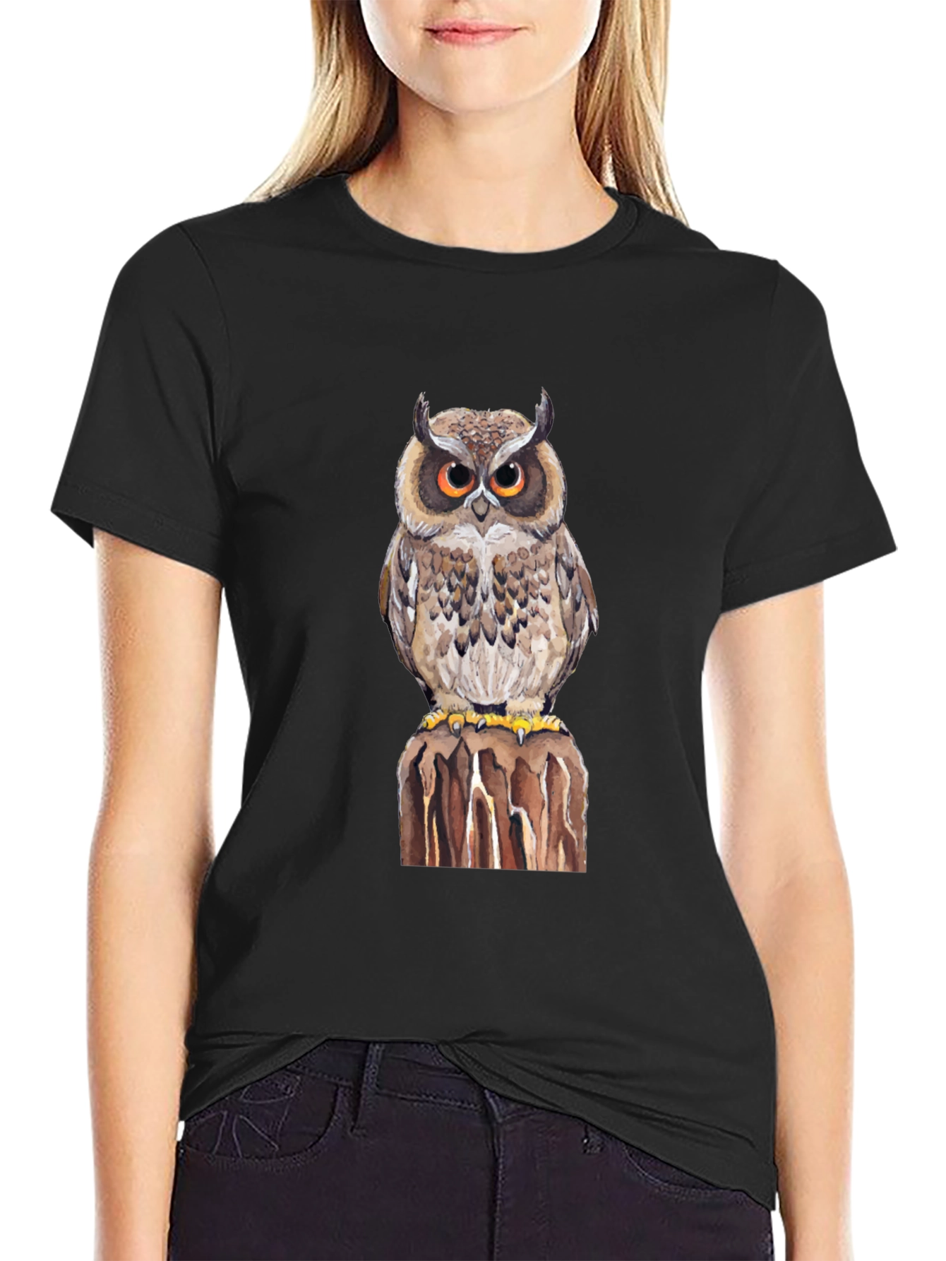 Owl Graphic Print Black T-Shirt