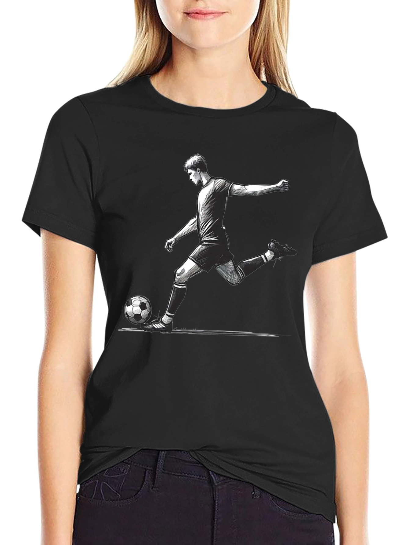 Soccer Player Graphic T-Shirt - Black Cotton Tee