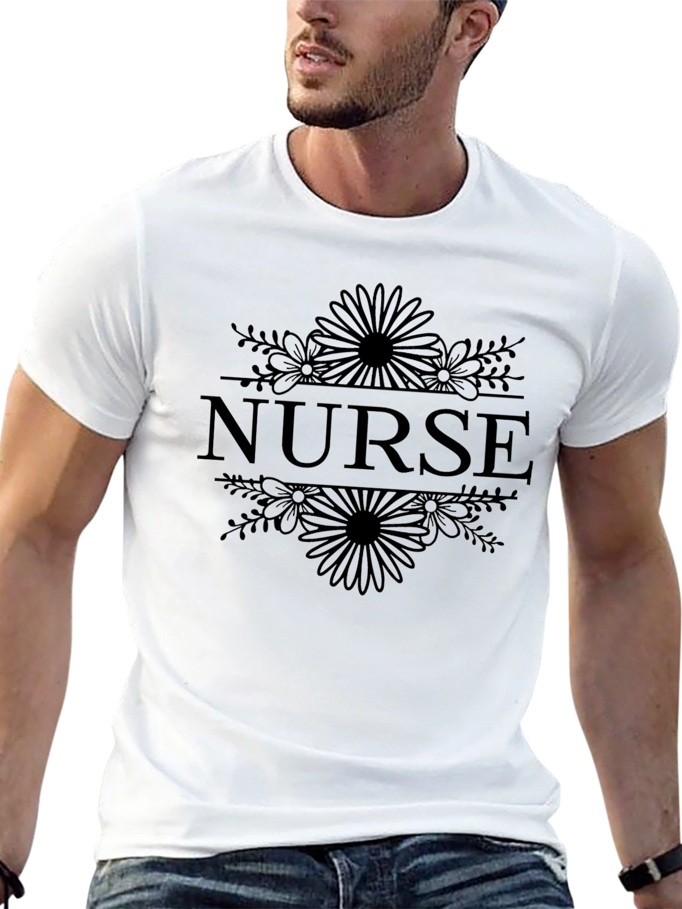 Nurse Floral Graphic Tee - Black Cotton T-Shirt