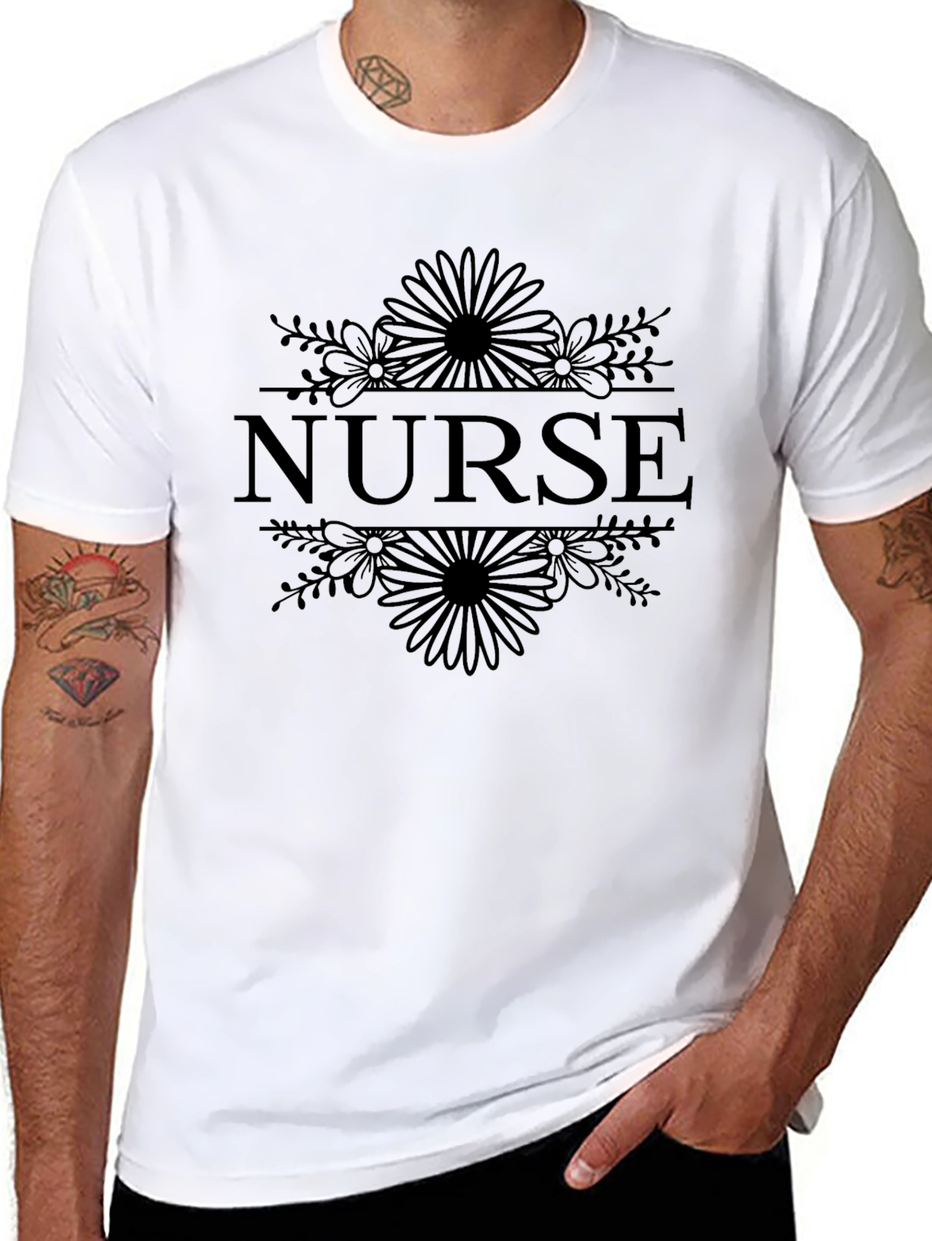 Nurse Floral Graphic Tee - Black Cotton T-Shirt