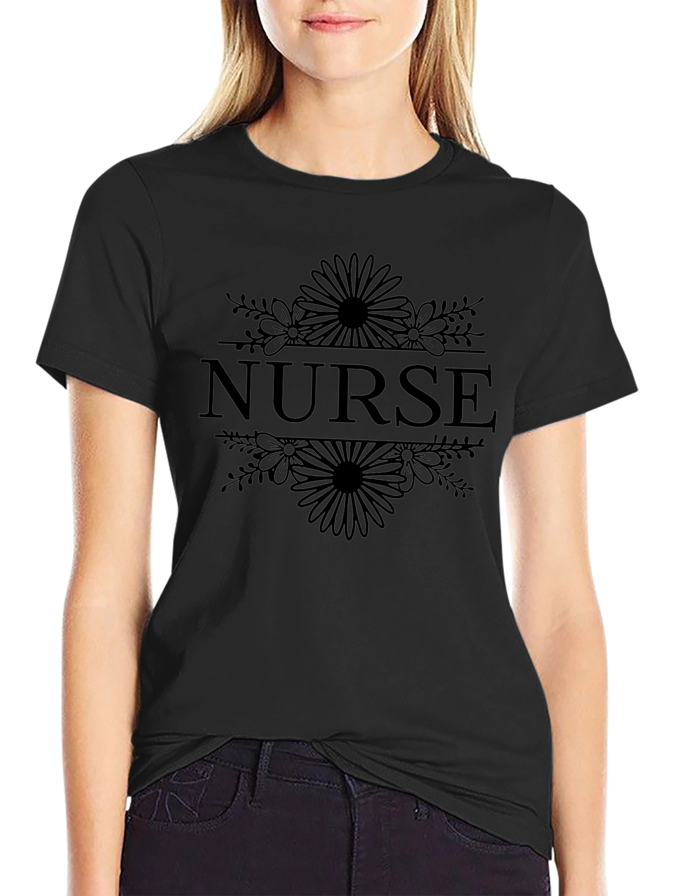 Nurse Floral Graphic Tee - Black Cotton T-Shirt