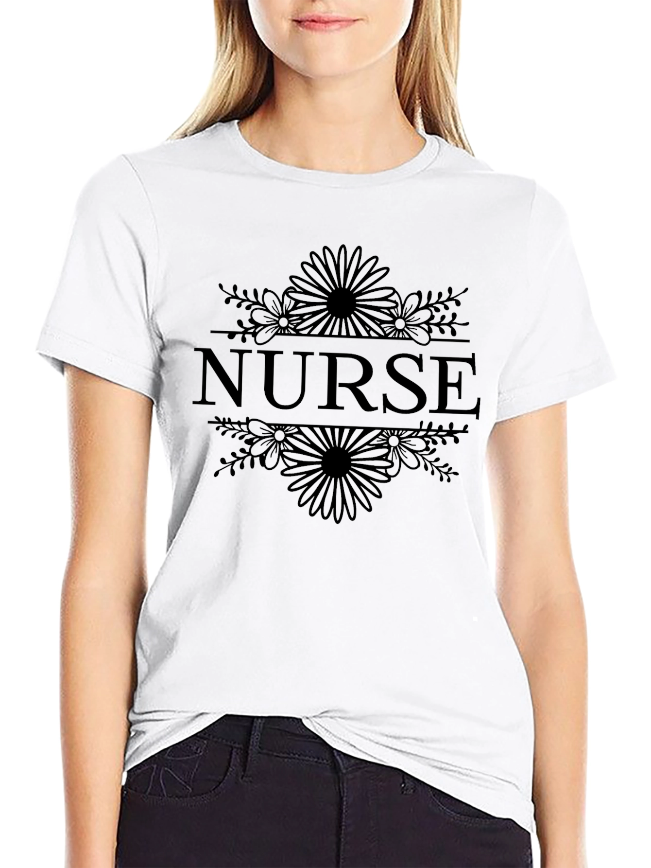 Nurse Floral Graphic Tee - Black Cotton T-Shirt