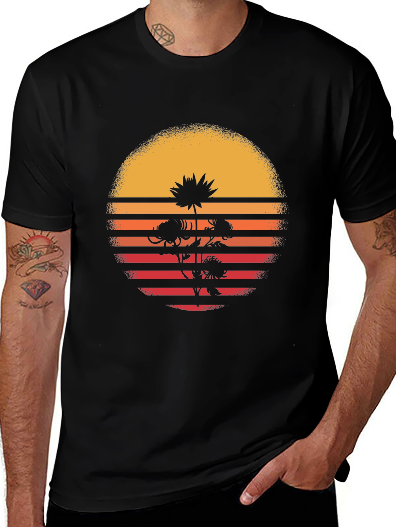 Retro Sunset Flower Graphic T-Shirt - Black