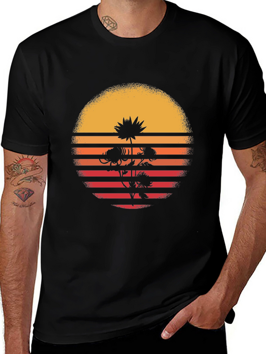 Retro Sunset Flower Graphic T-Shirt - Black