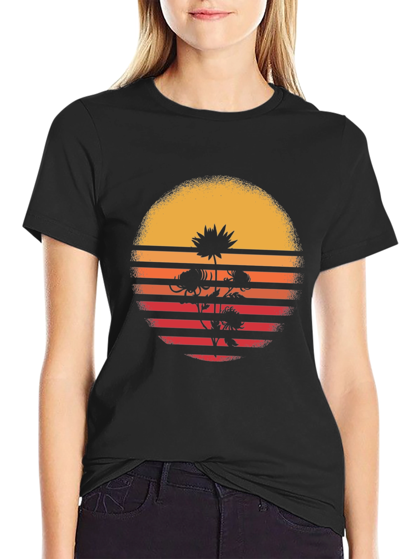 Retro Sunset Flower Graphic T-Shirt - Black