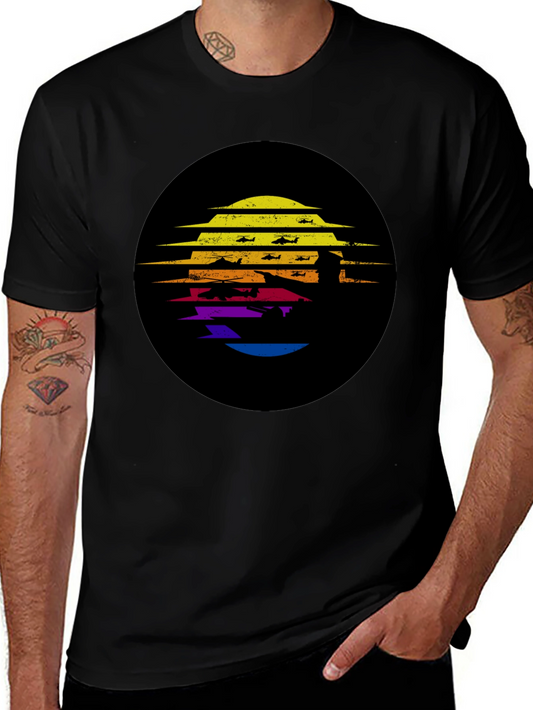Vintage Helicopter Sunset Graphic Tee - Black