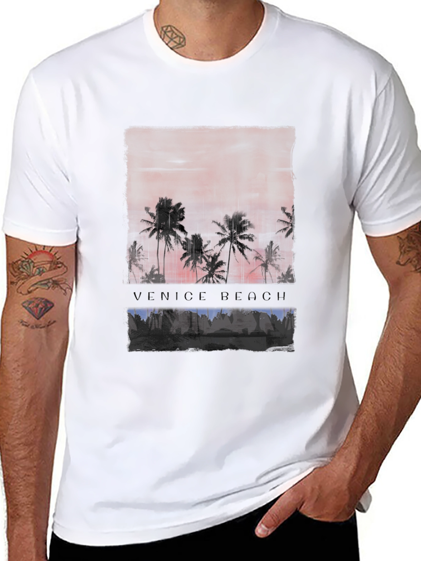 Venice Beach Sunset Graphic Tee - Black Cotton T-Shirt