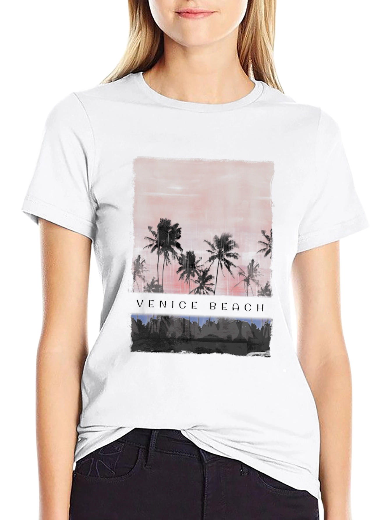 Venice Beach Sunset Graphic Tee - Black Cotton T-Shirt