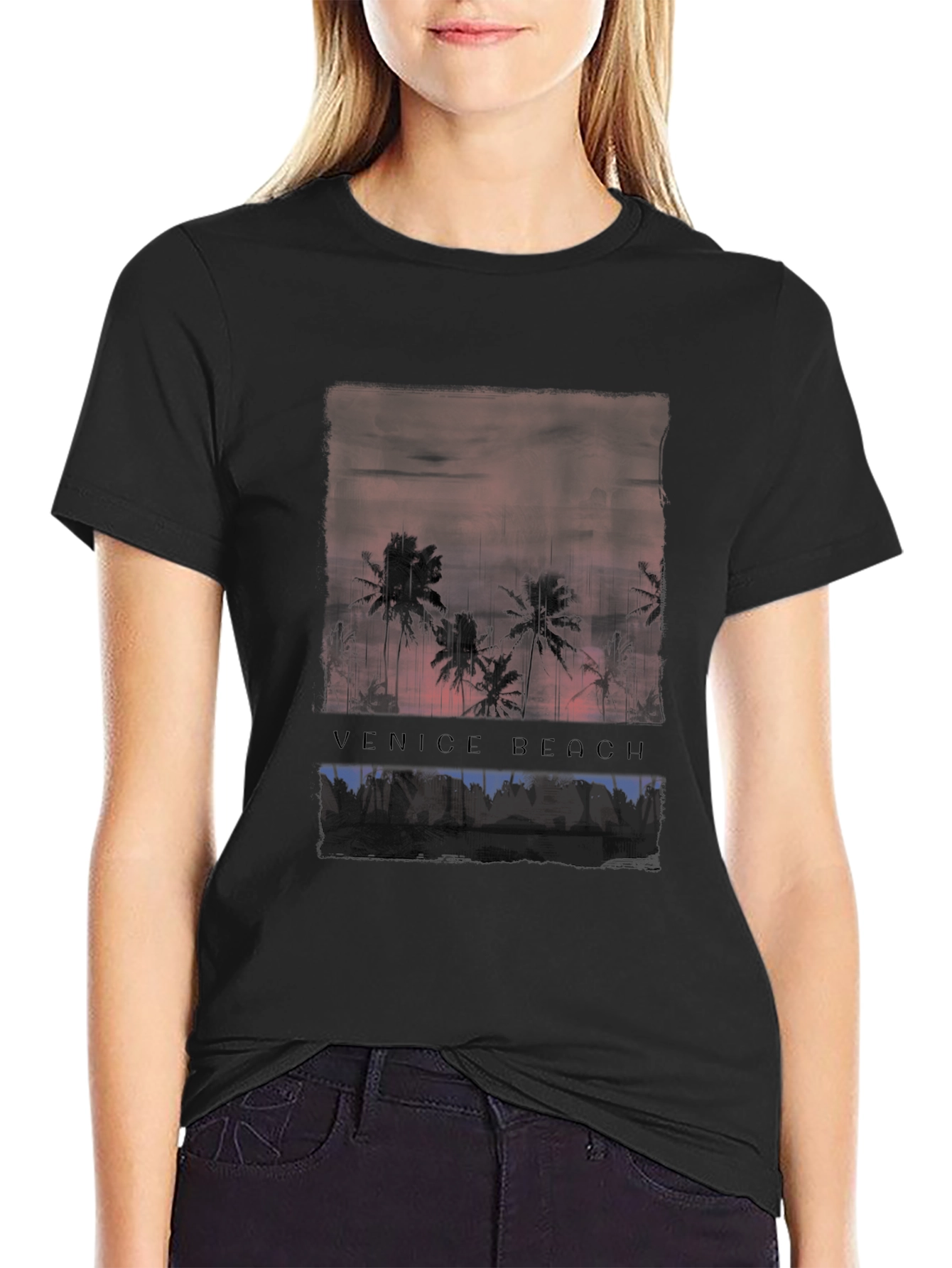 Venice Beach Sunset Graphic Tee - Black Cotton T-Shirt