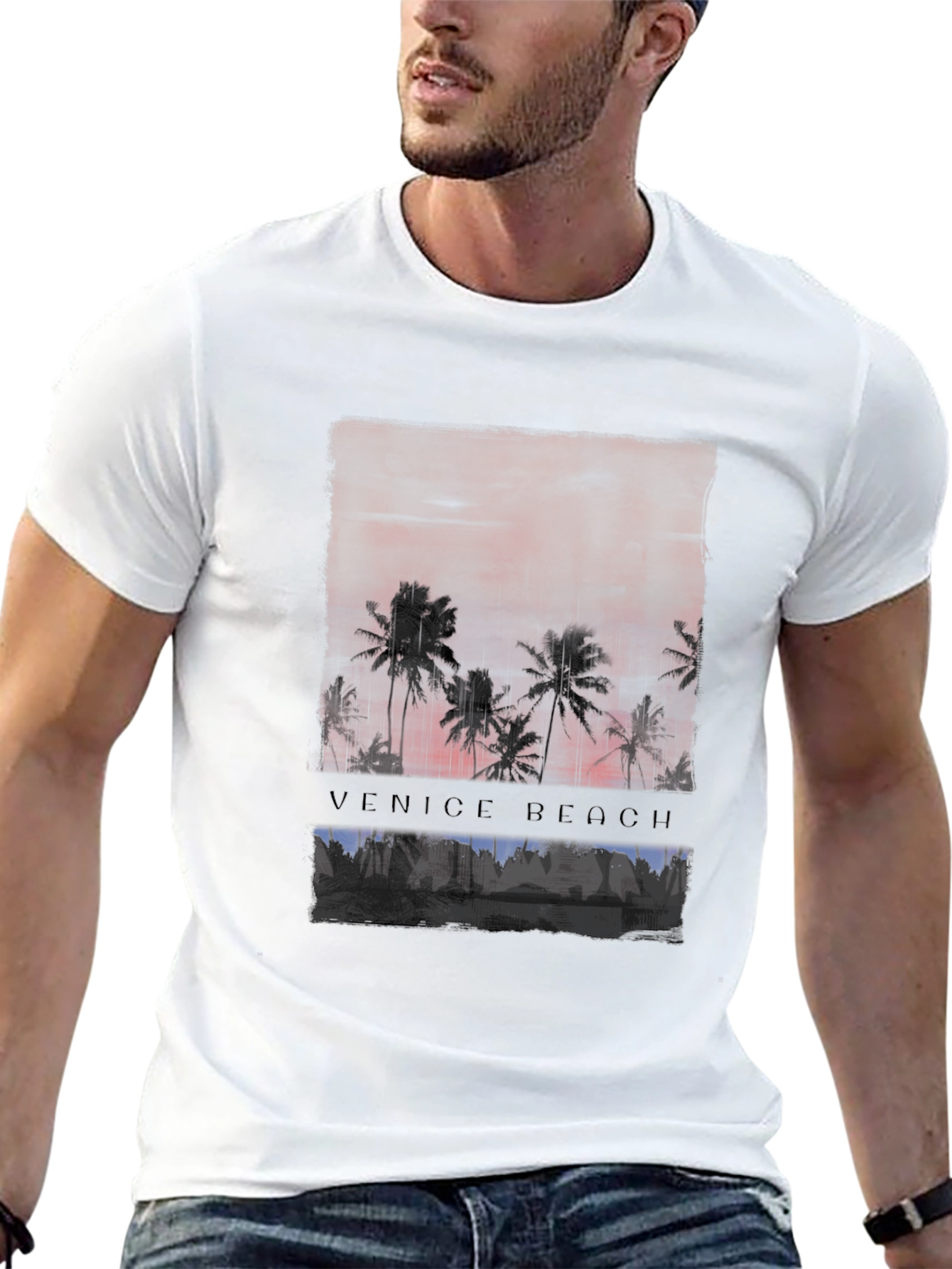 Venice Beach Sunset Graphic Tee - Black Cotton T-Shirt