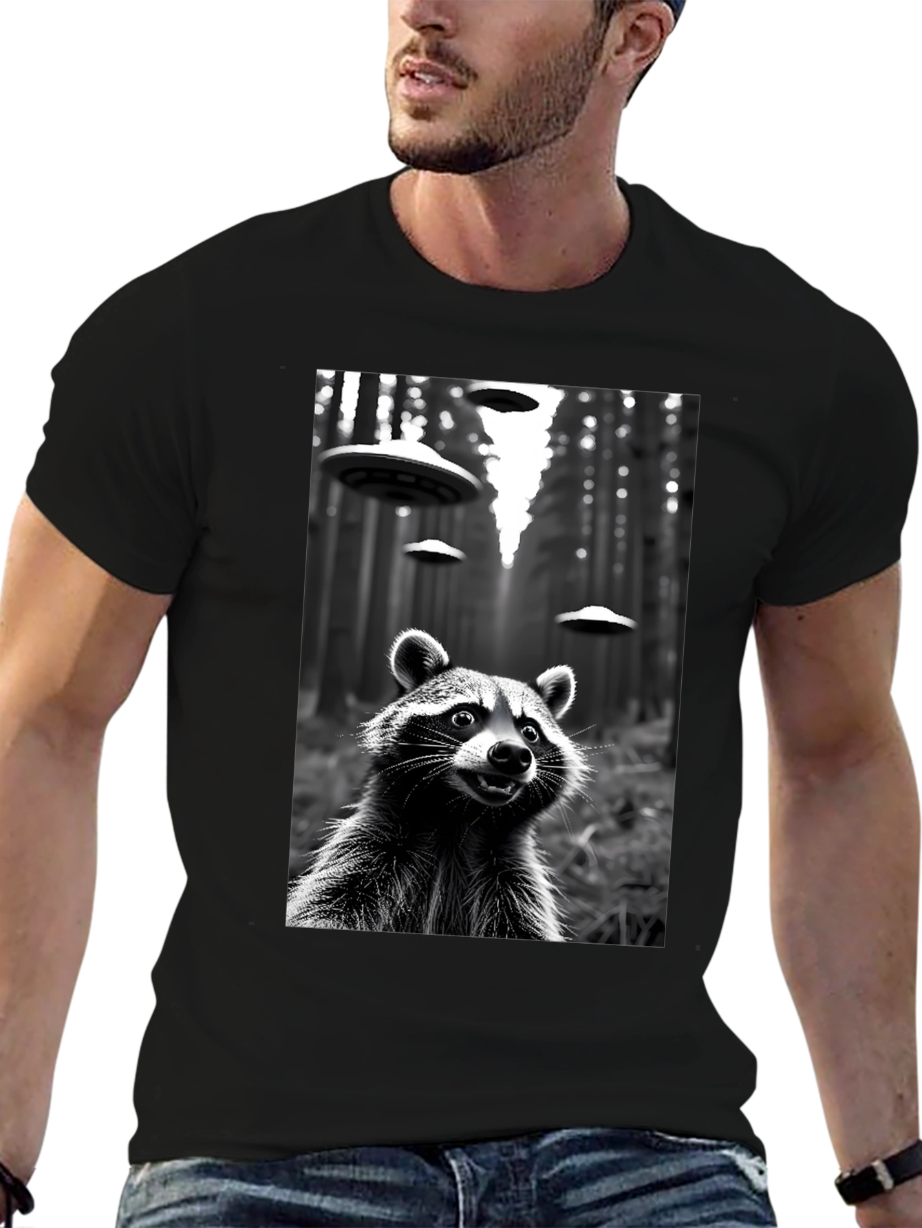 Raccoon UFO Black T-Shirt - Sci-Fi Style