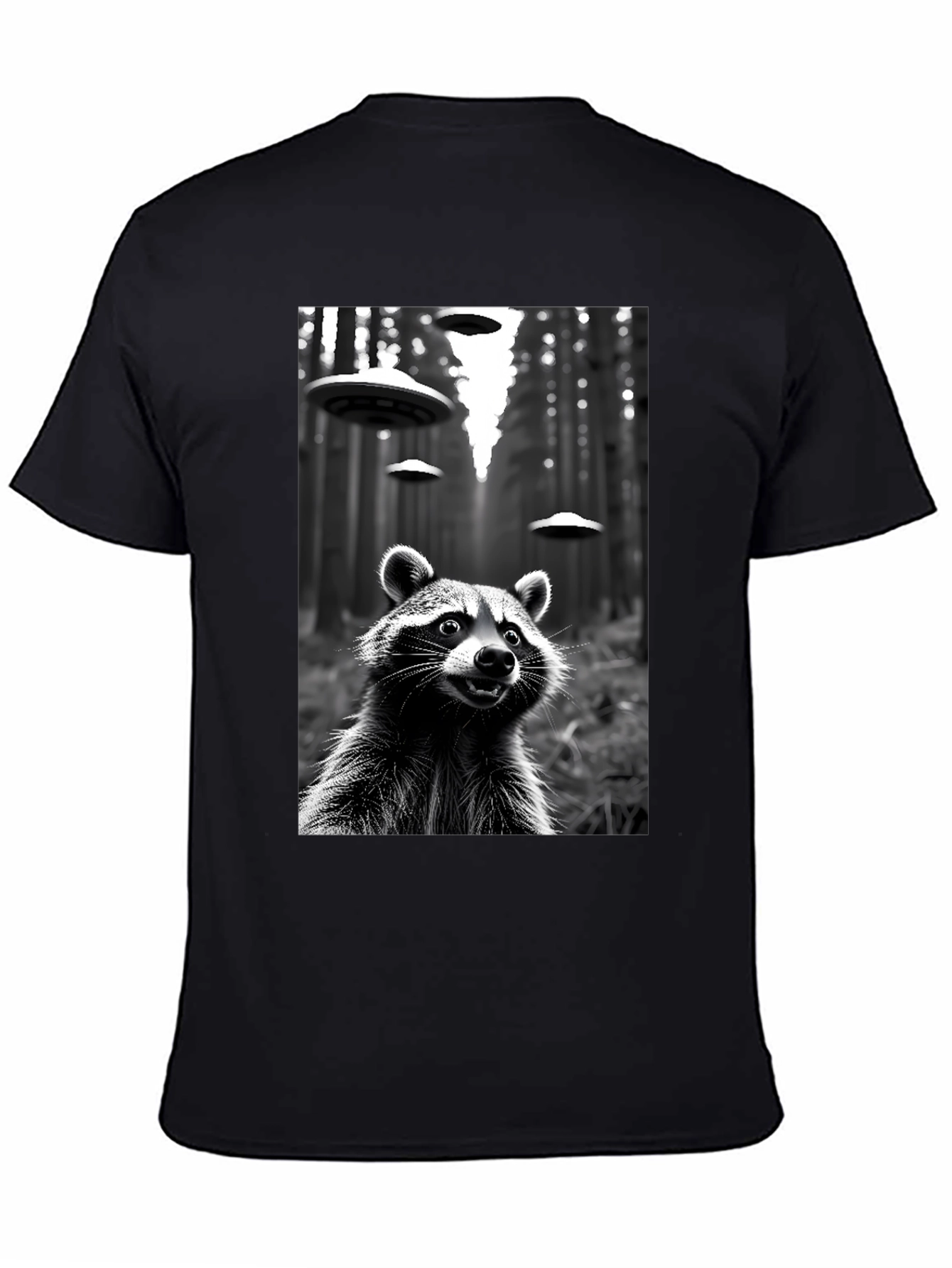 Raccoon UFO Black T-Shirt - Sci-Fi Style