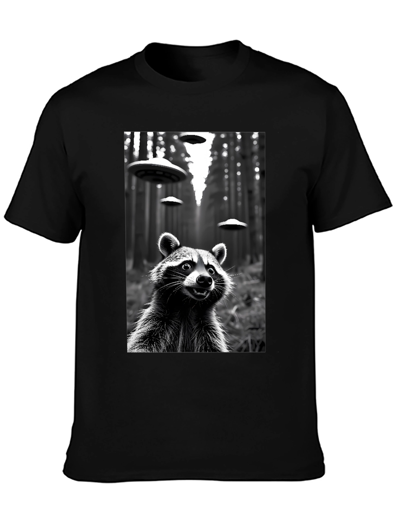 Raccoon UFO Black T-Shirt - Sci-Fi Style