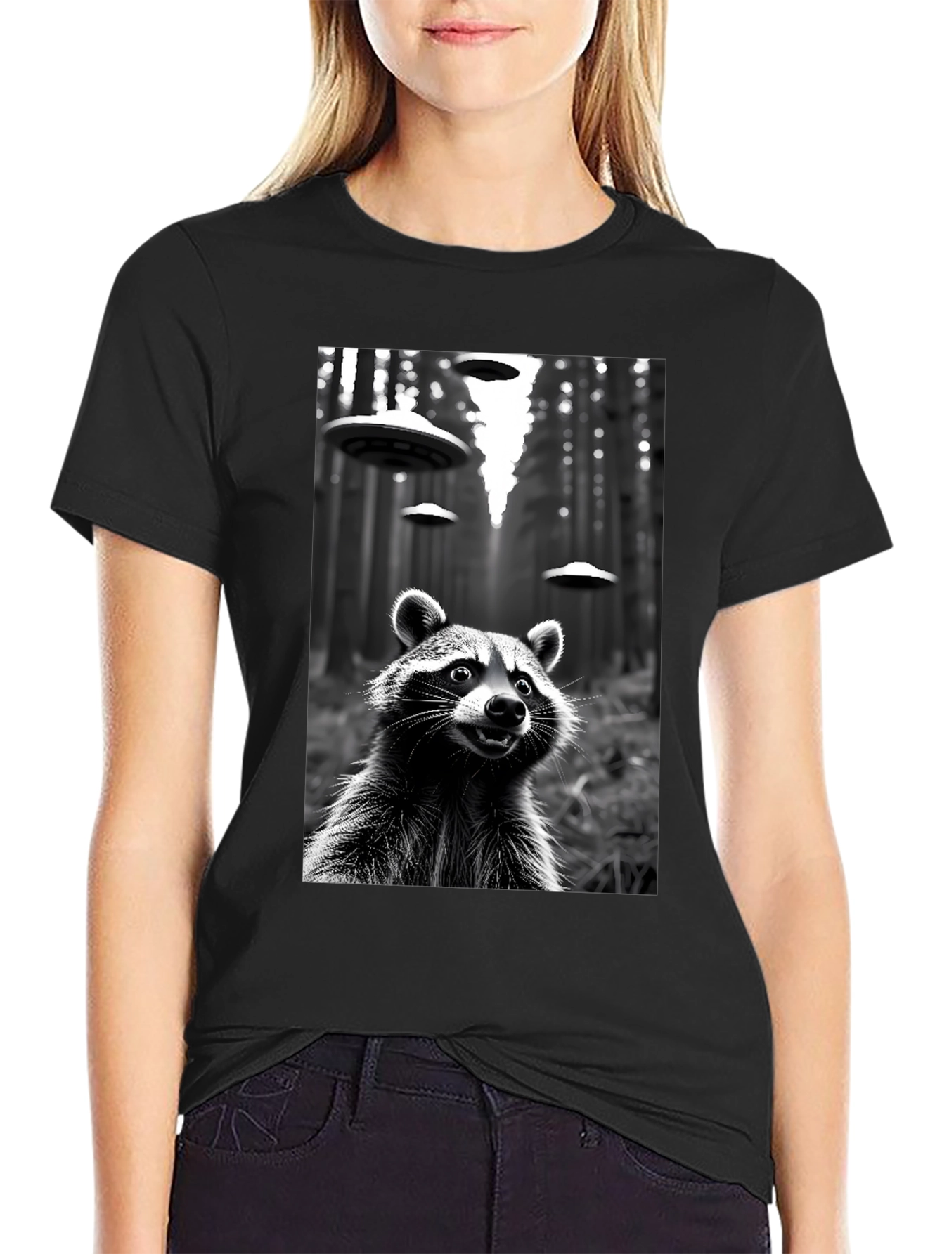 Raccoon UFO Black T-Shirt - Sci-Fi Style