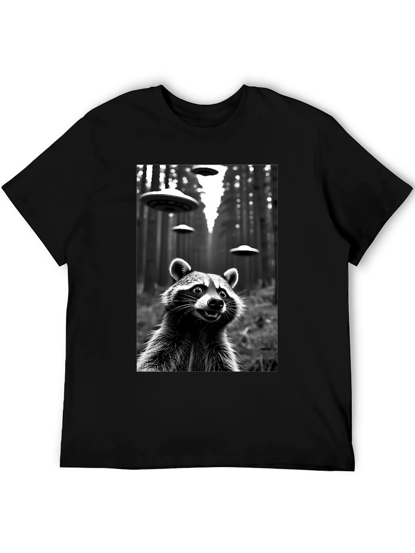 Raccoon UFO Black T-Shirt - Sci-Fi Style