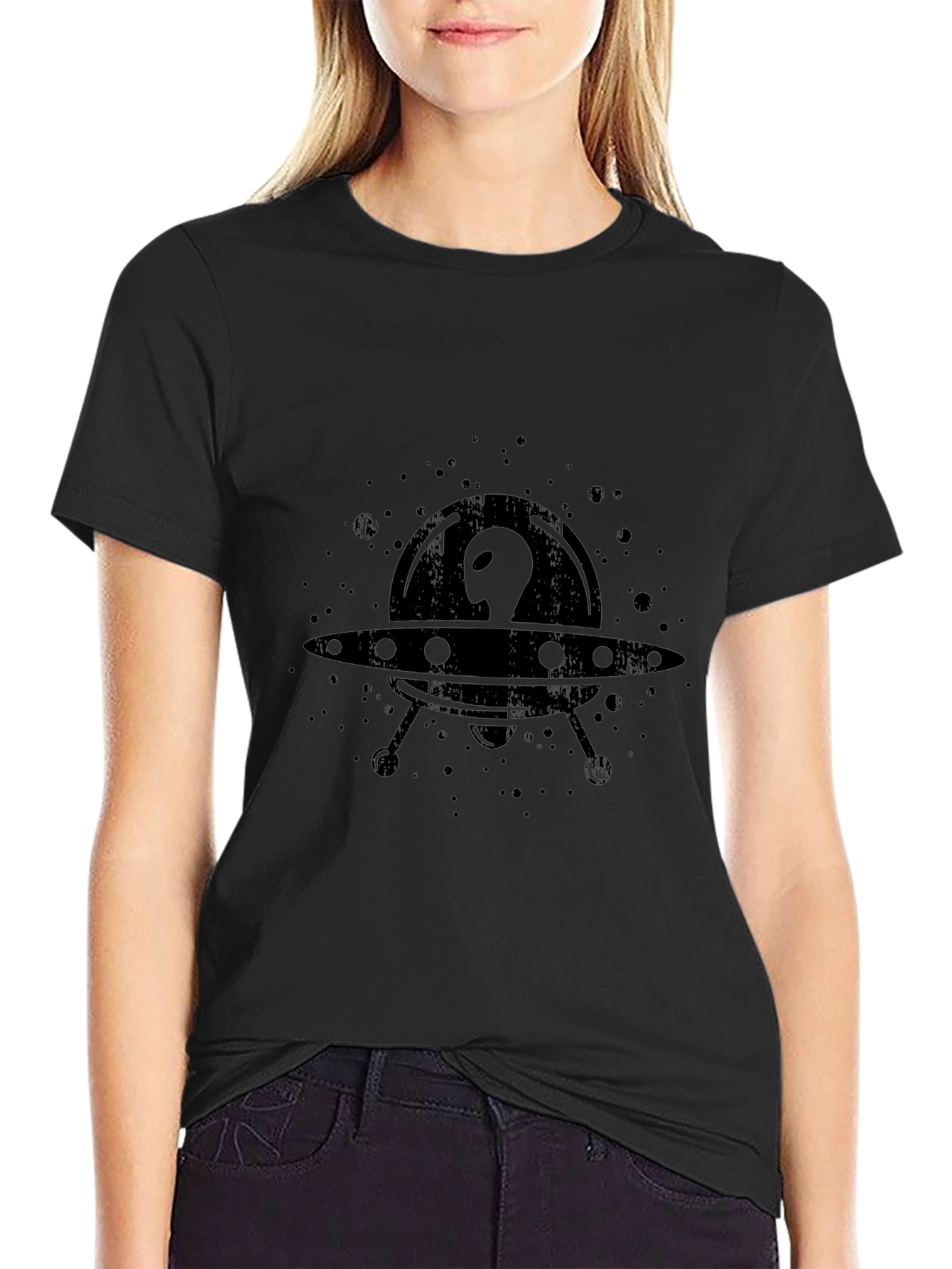 UFO Alien Graphic Print Black T-Shirt