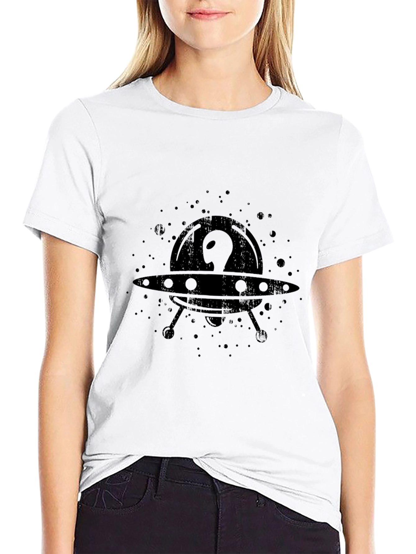 UFO Alien Graphic Print Black T-Shirt