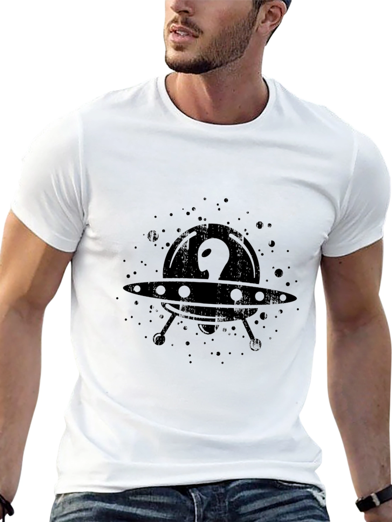 UFO Alien Graphic Print Black T-Shirt