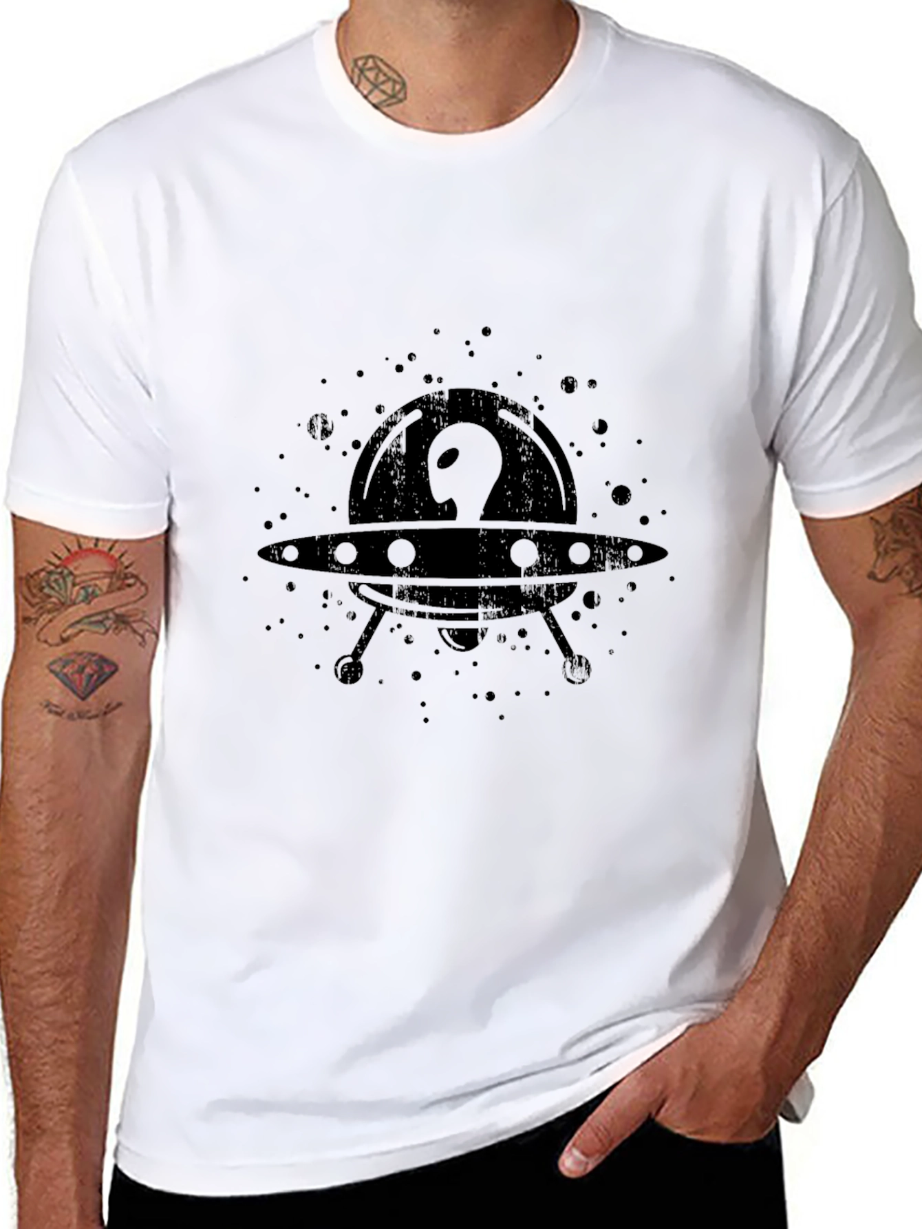 UFO Alien Graphic Print Black T-Shirt