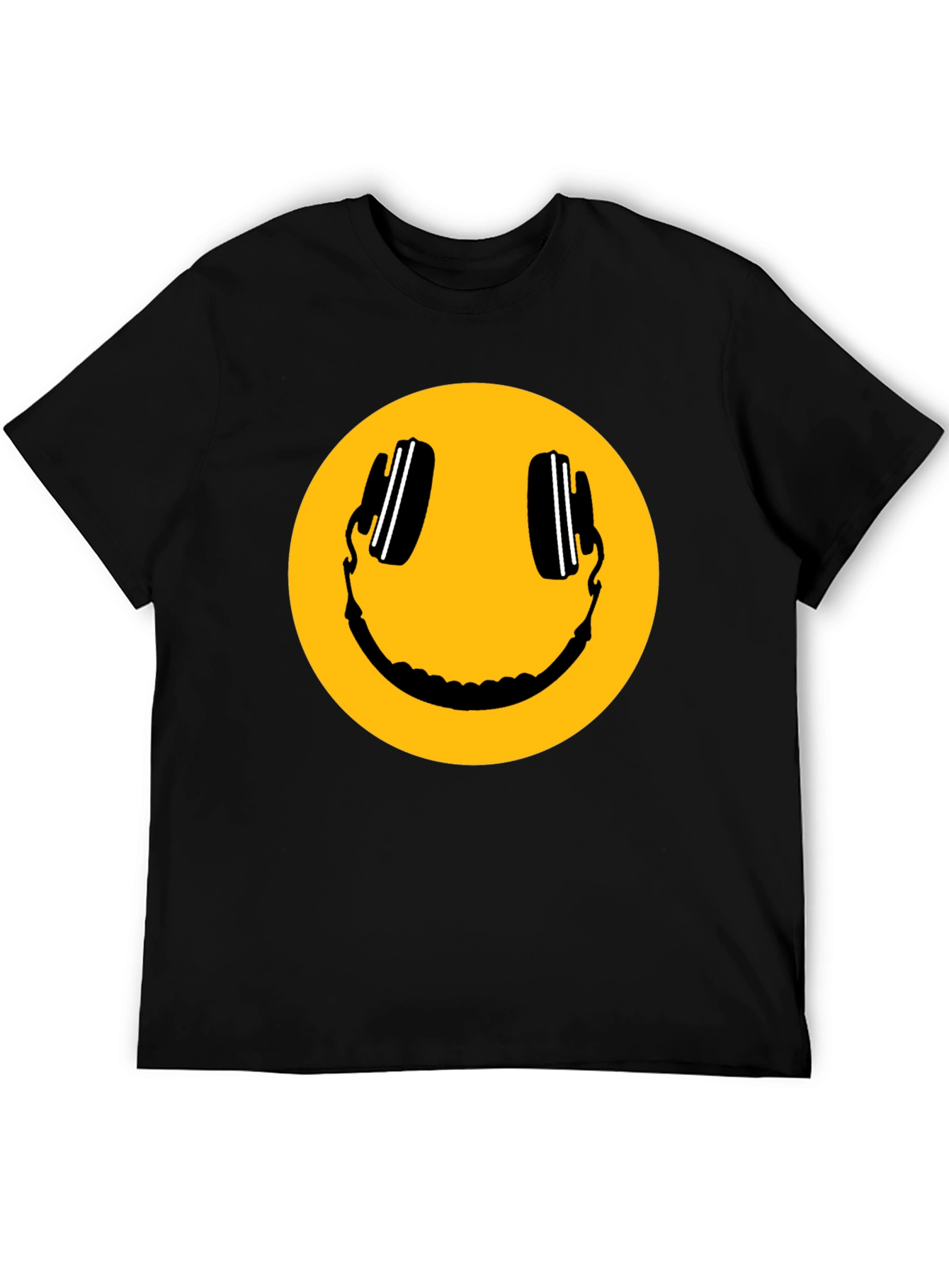 Smiley Face with Headphones Black T-Shirt