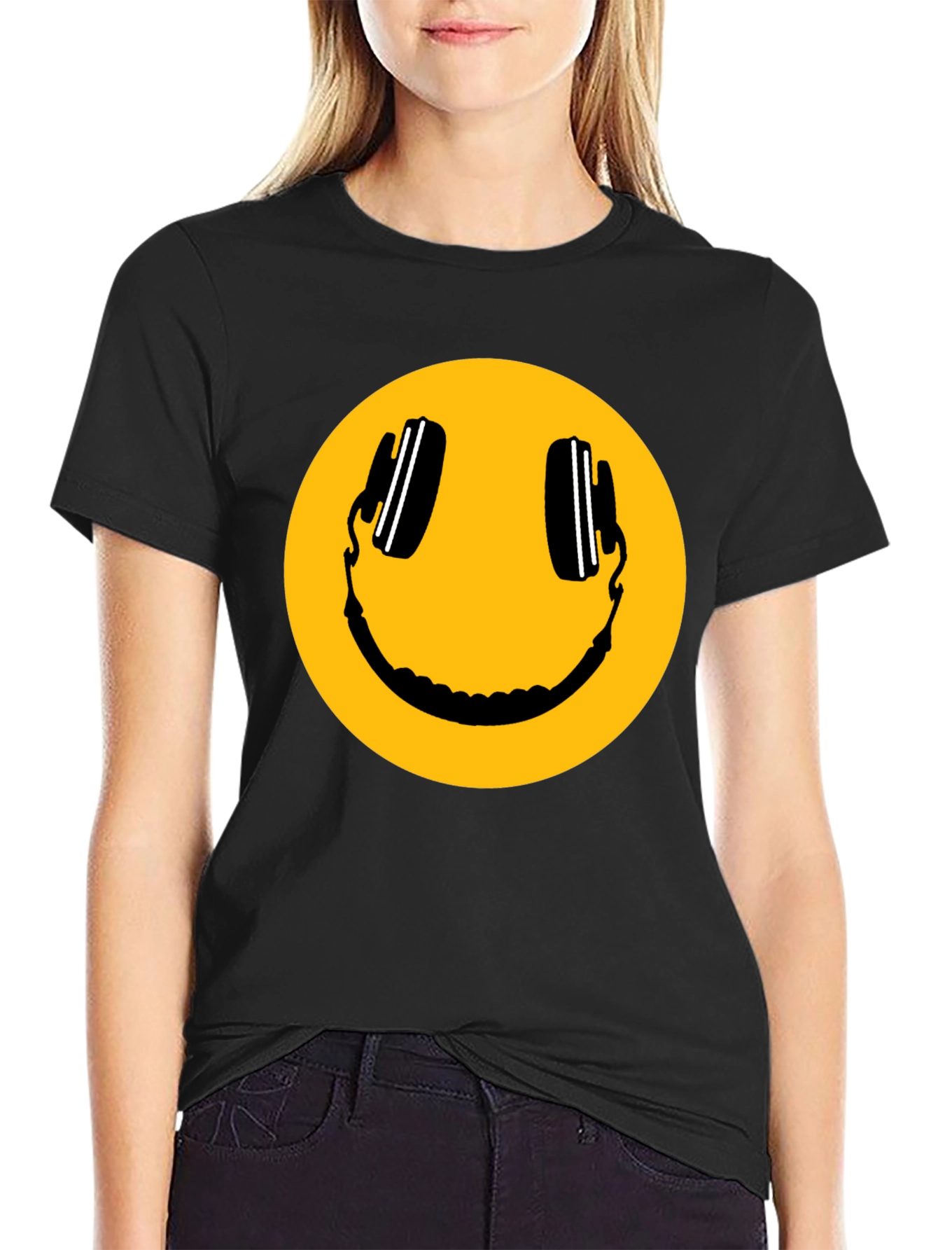 Smiley Face with Headphones Black T-Shirt