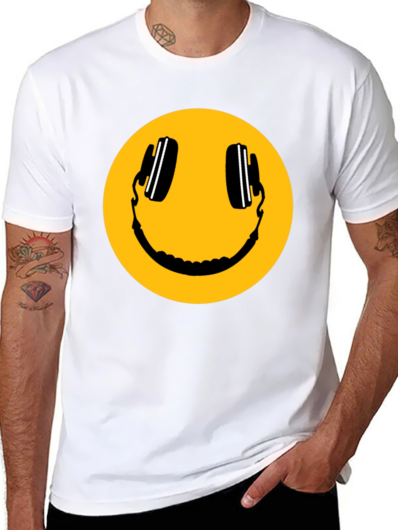 Smiley Face with Headphones Black T-Shirt