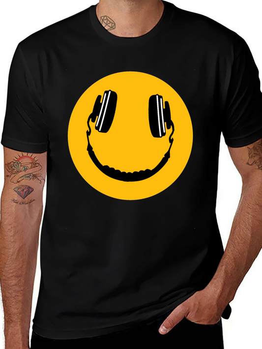 Smiley Face with Headphones Black T-Shirt