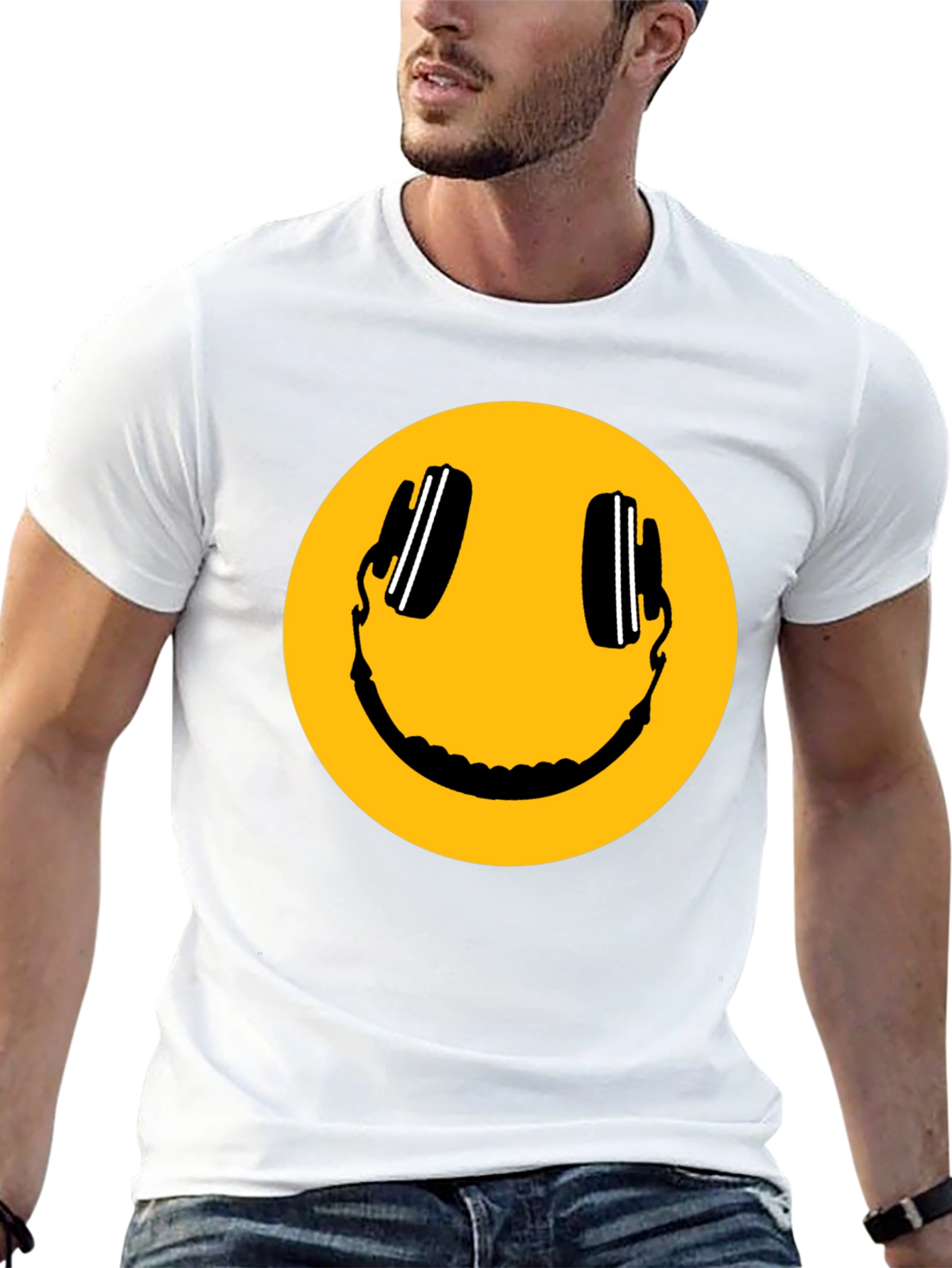 Smiley Face with Headphones Black T-Shirt