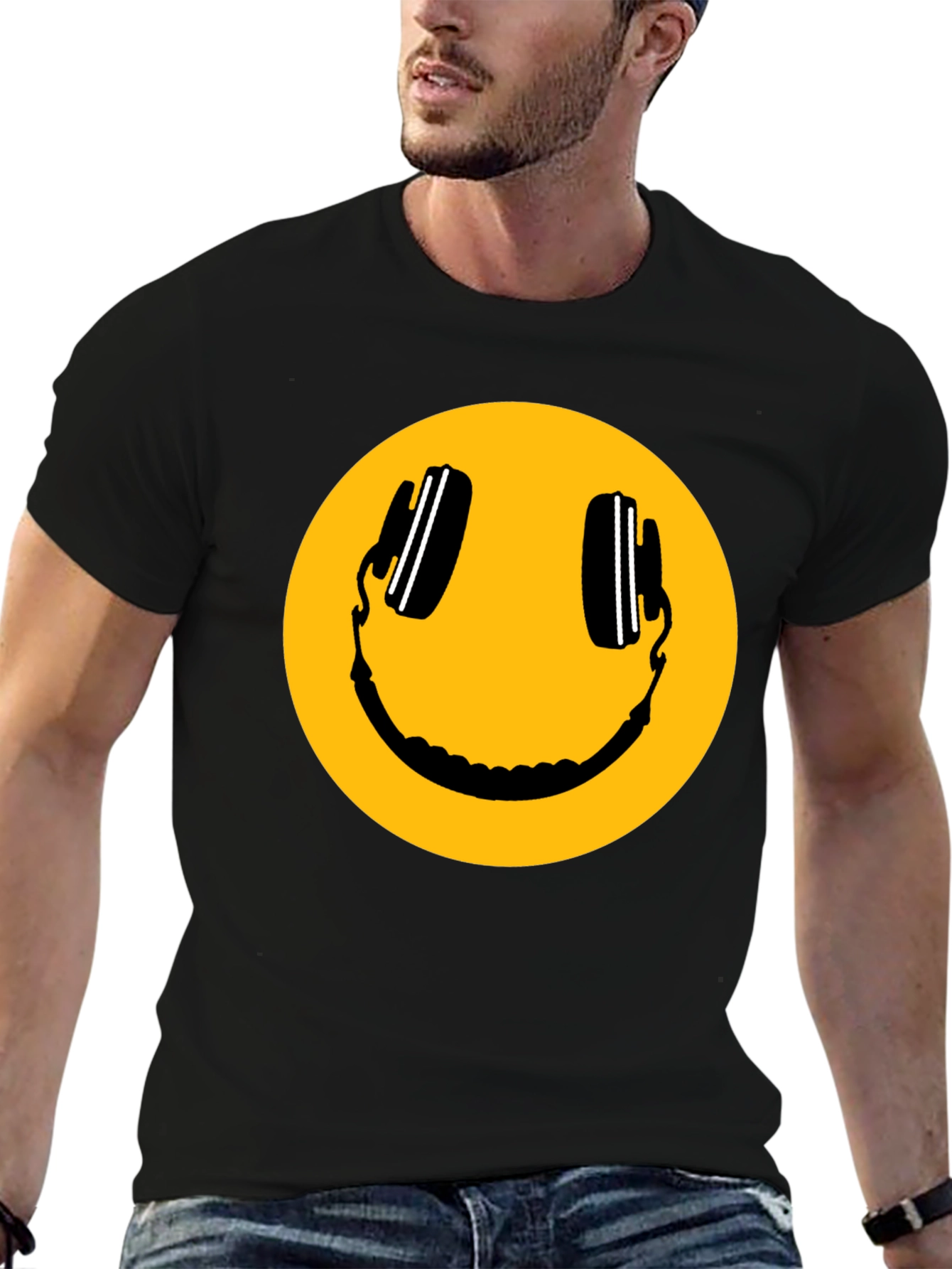 Smiley Face with Headphones Black T-Shirt
