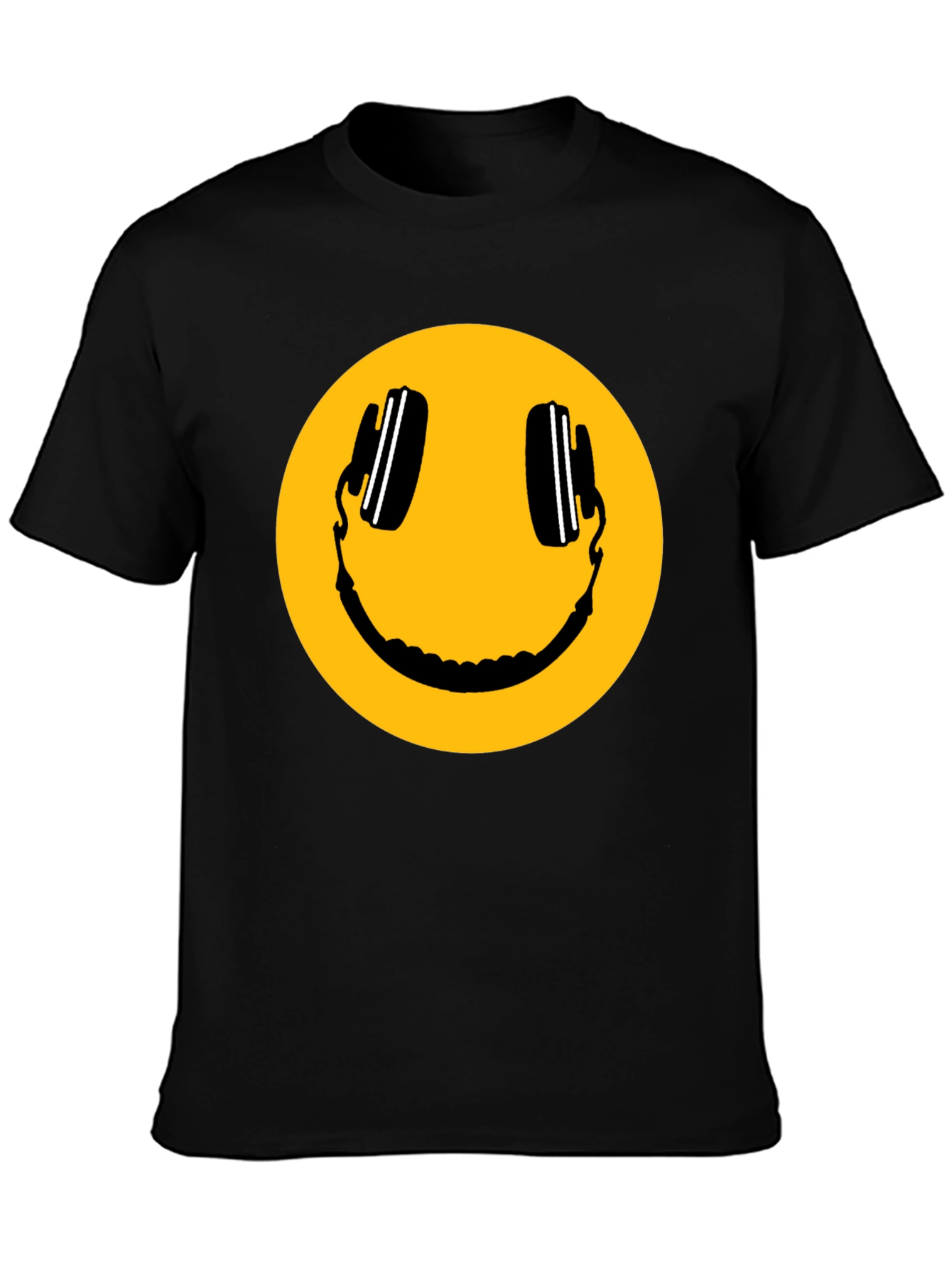 Smiley Face with Headphones Black T-Shirt