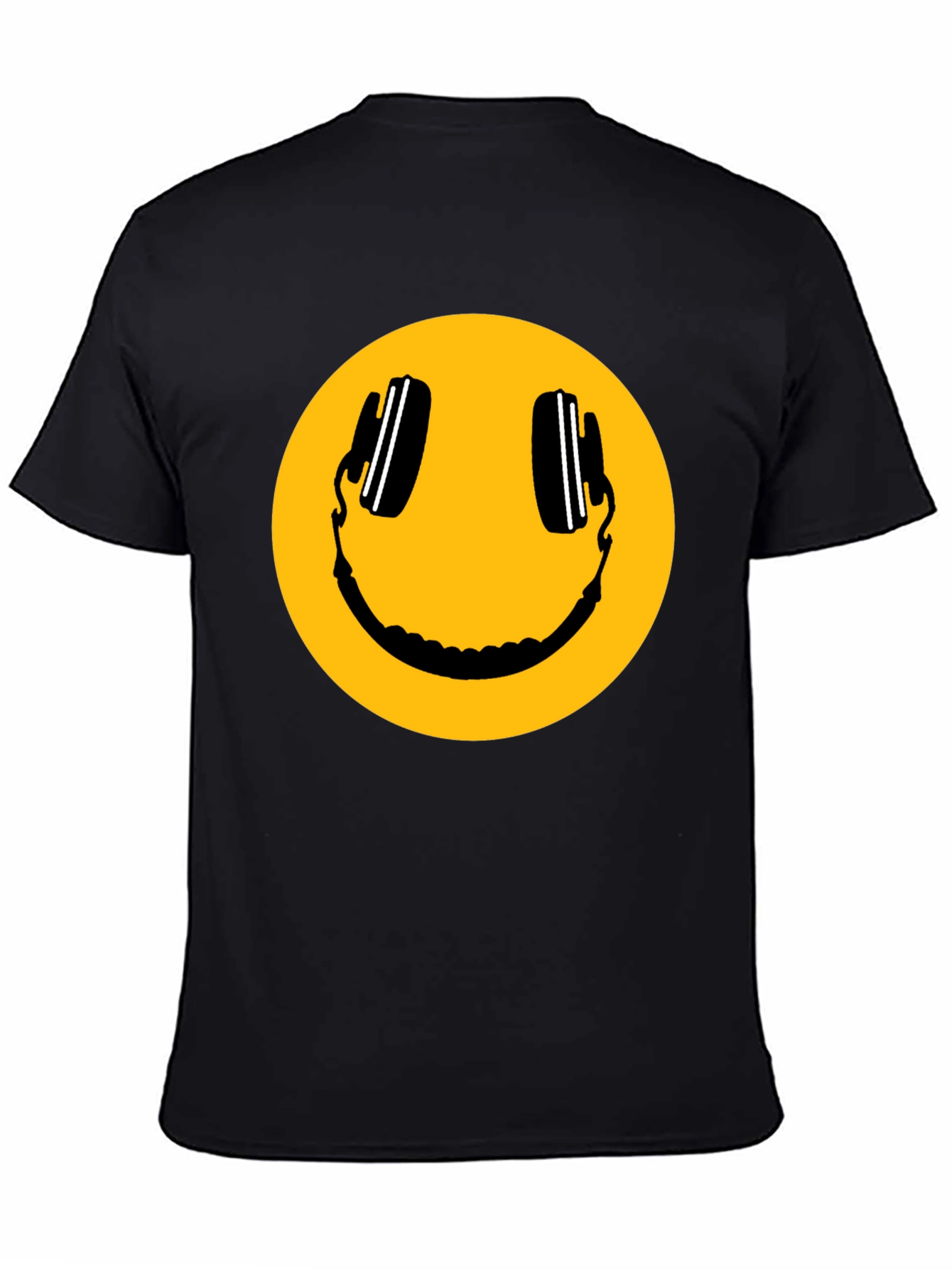 Smiley Face with Headphones Black T-Shirt