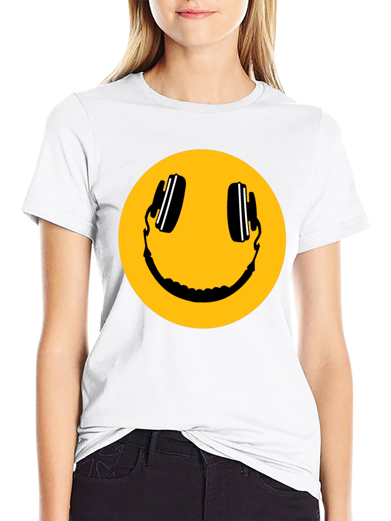 Smiley Face with Headphones Black T-Shirt