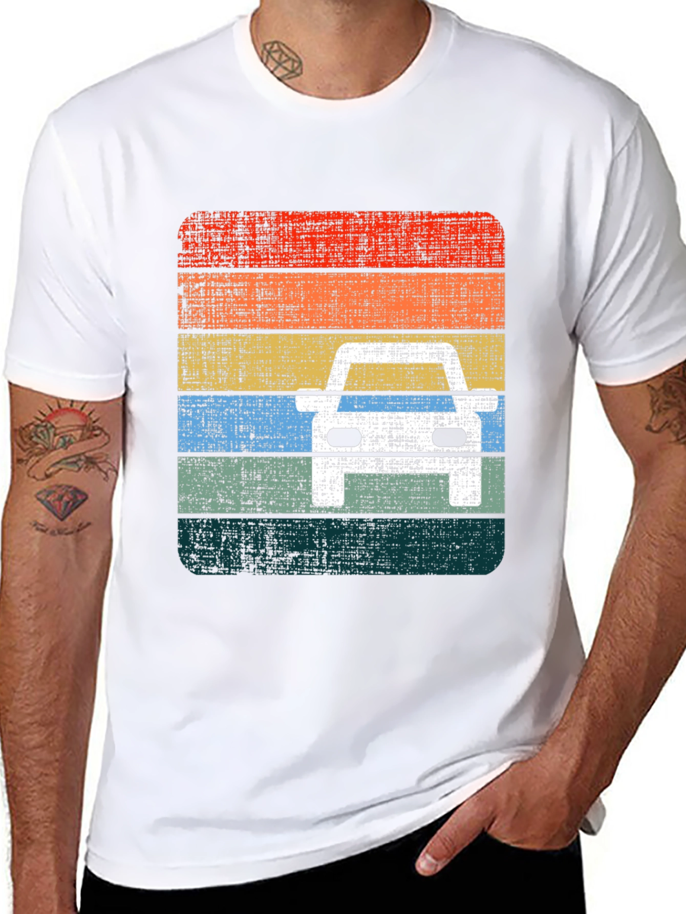 Retro Car Graphic Tee - Distressed Stripe Design