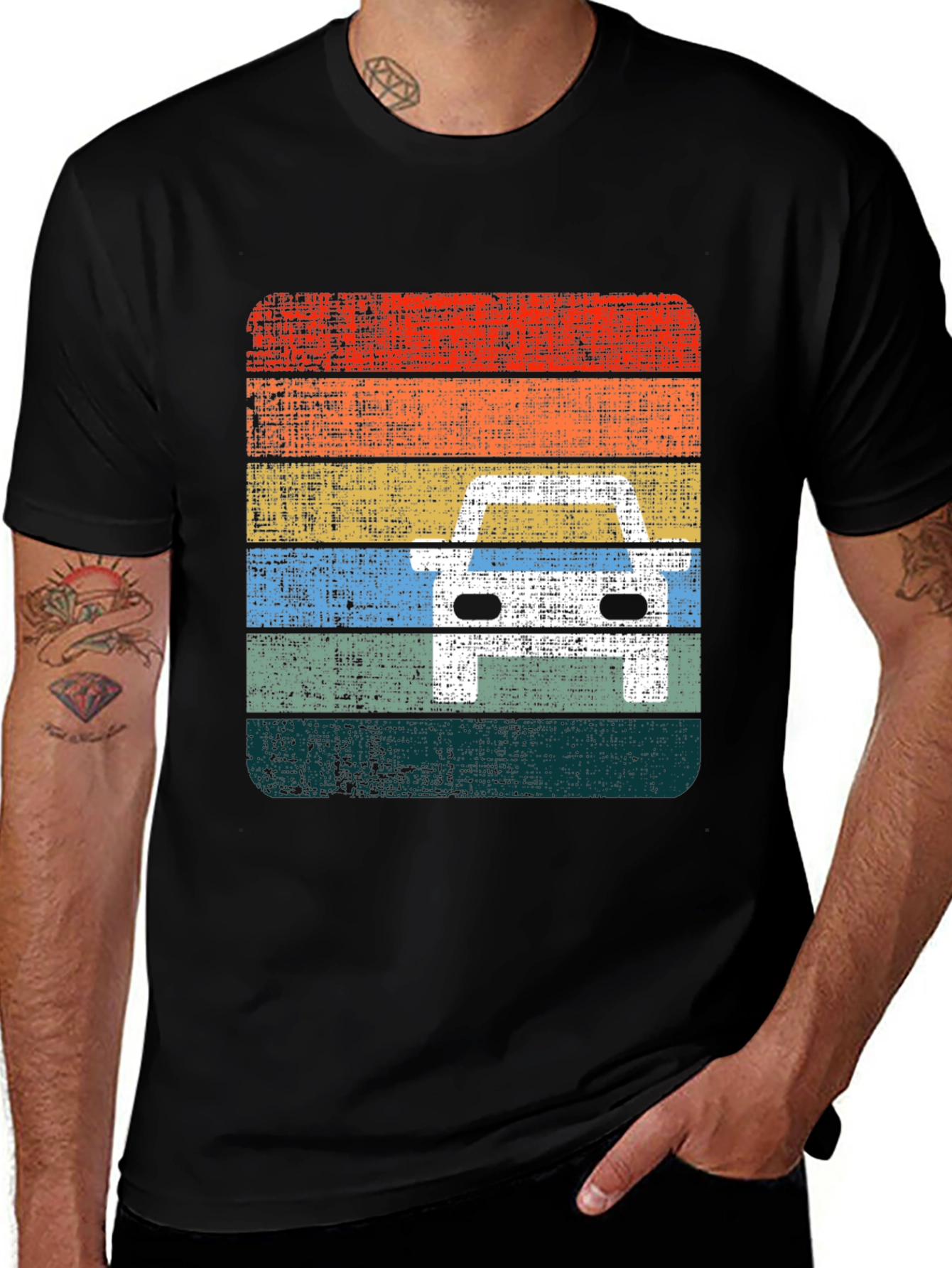 Retro Car Graphic Tee - Distressed Stripe Design