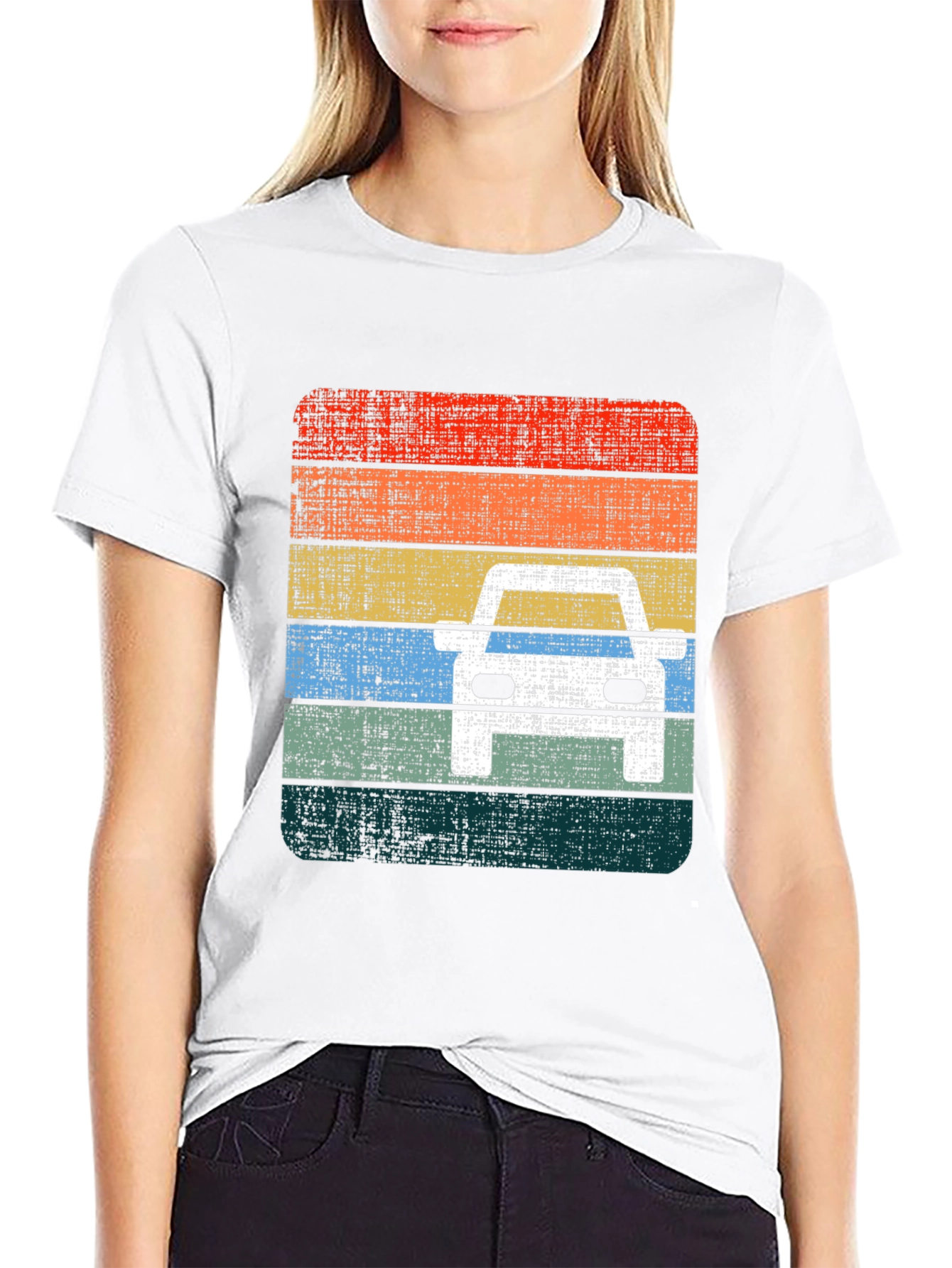 Retro Car Graphic Tee - Distressed Stripe Design