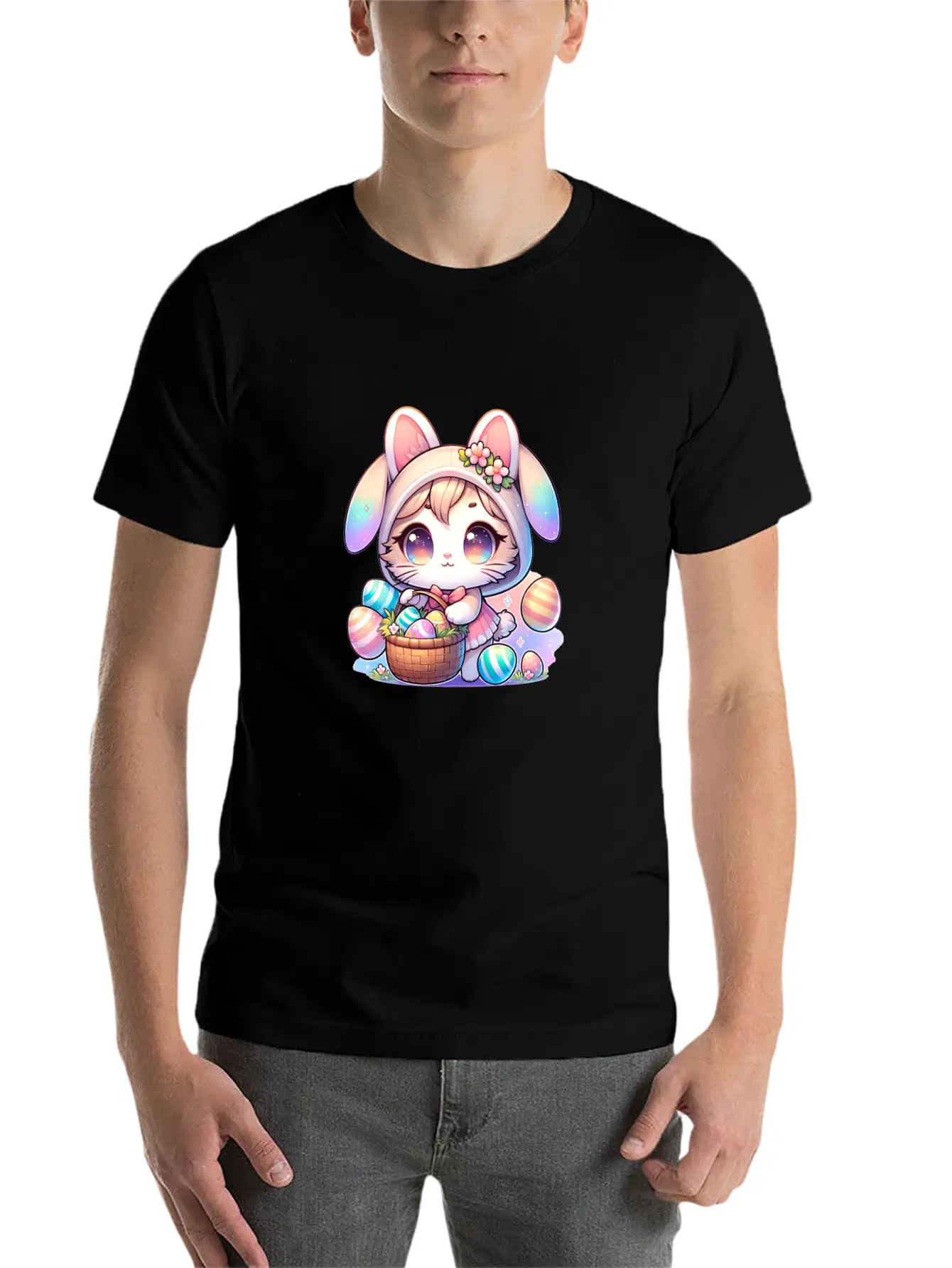 A Kitty With A Bunny Outfit Delivering Easter Eggs Soft Cotton Short Sleeve Tee – Unisex Wardrobe Staple