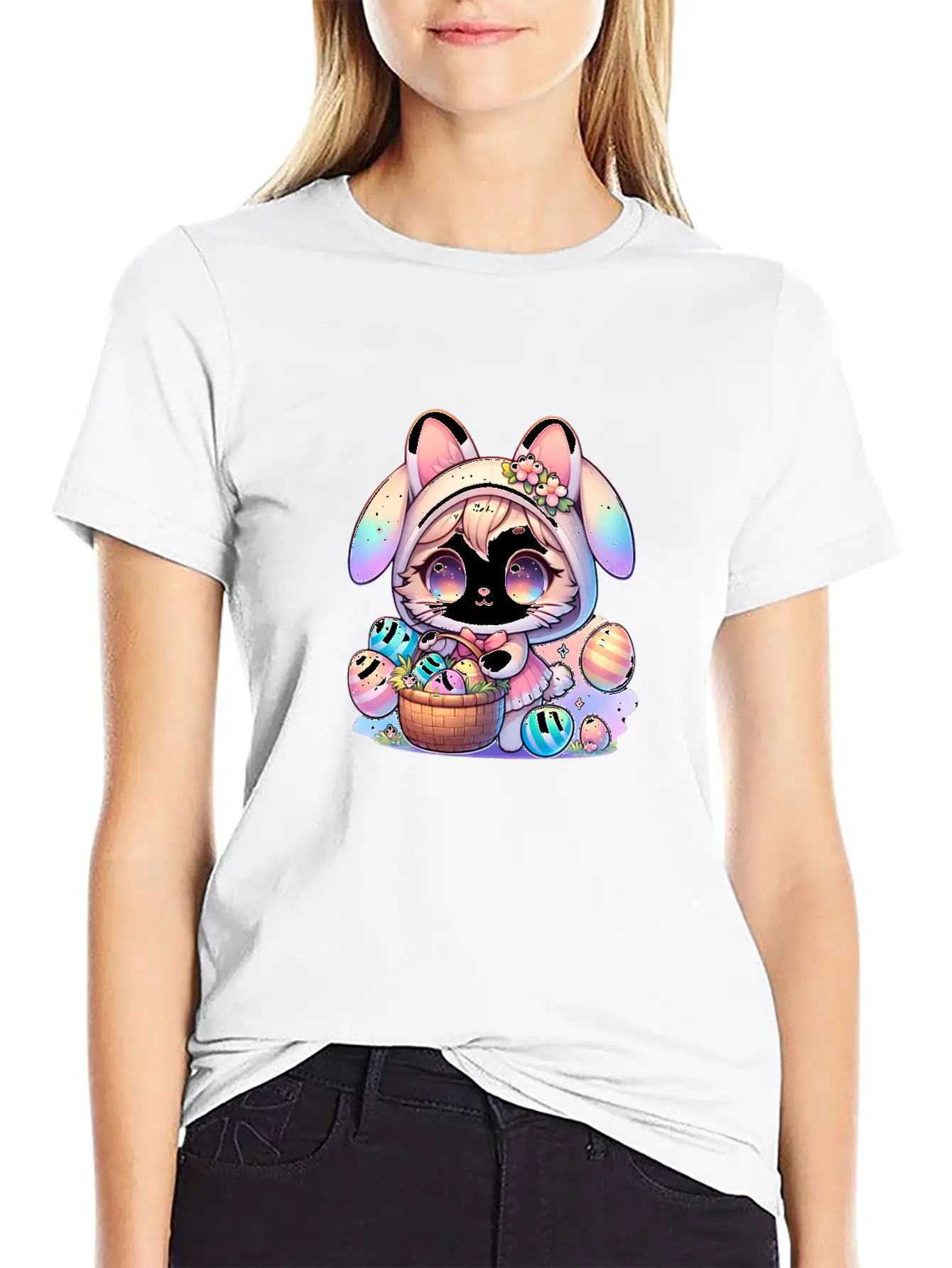 A Kitty With A Bunny Outfit Delivering Easter Eggs Soft Cotton Short Sleeve Tee – Unisex Wardrobe Staple