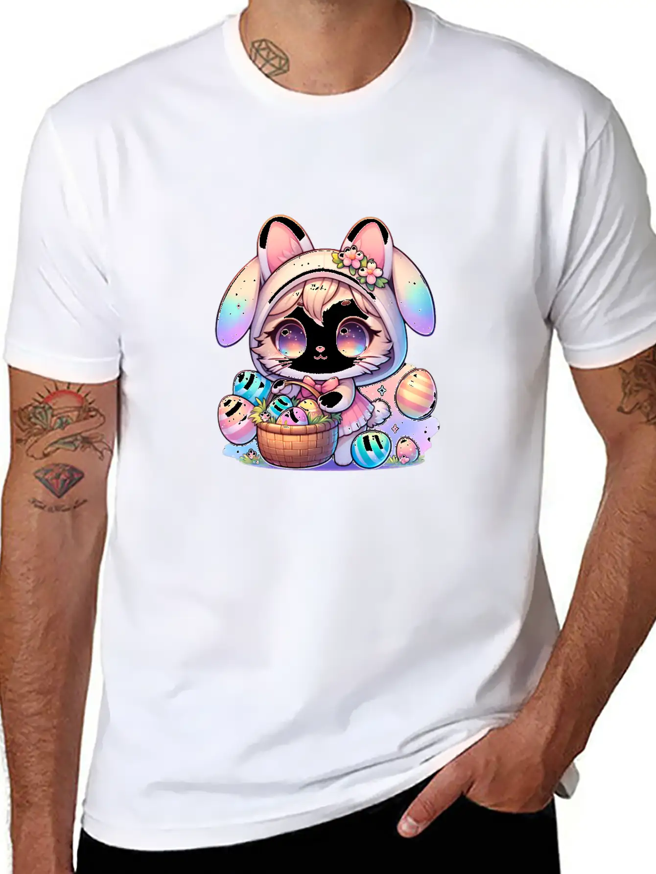 A Kitty With A Bunny Outfit Delivering Easter Eggs Soft Cotton Short Sleeve Tee – Unisex Wardrobe Staple