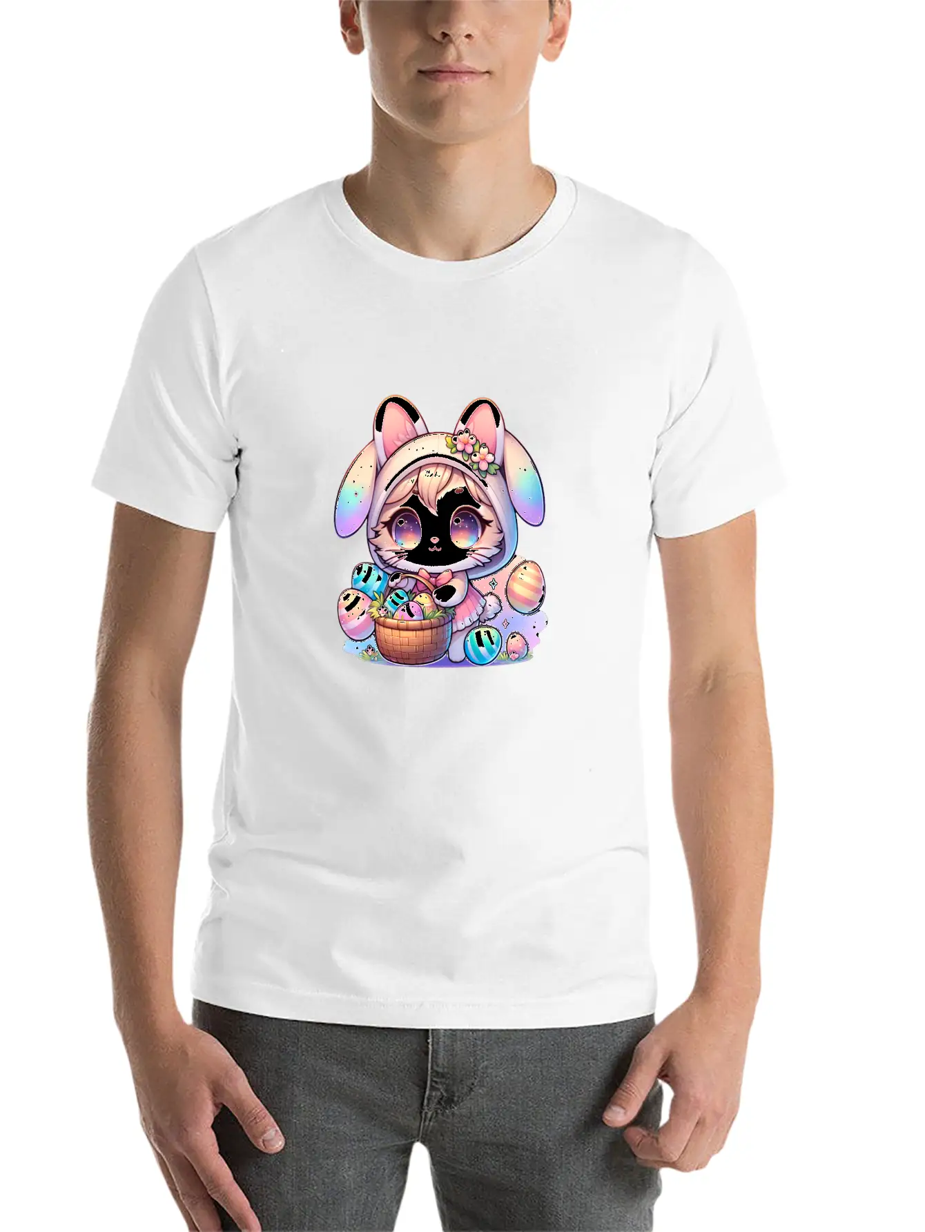 A Kitty With A Bunny Outfit Delivering Easter Eggs Soft Cotton Short Sleeve Tee – Unisex Wardrobe Staple