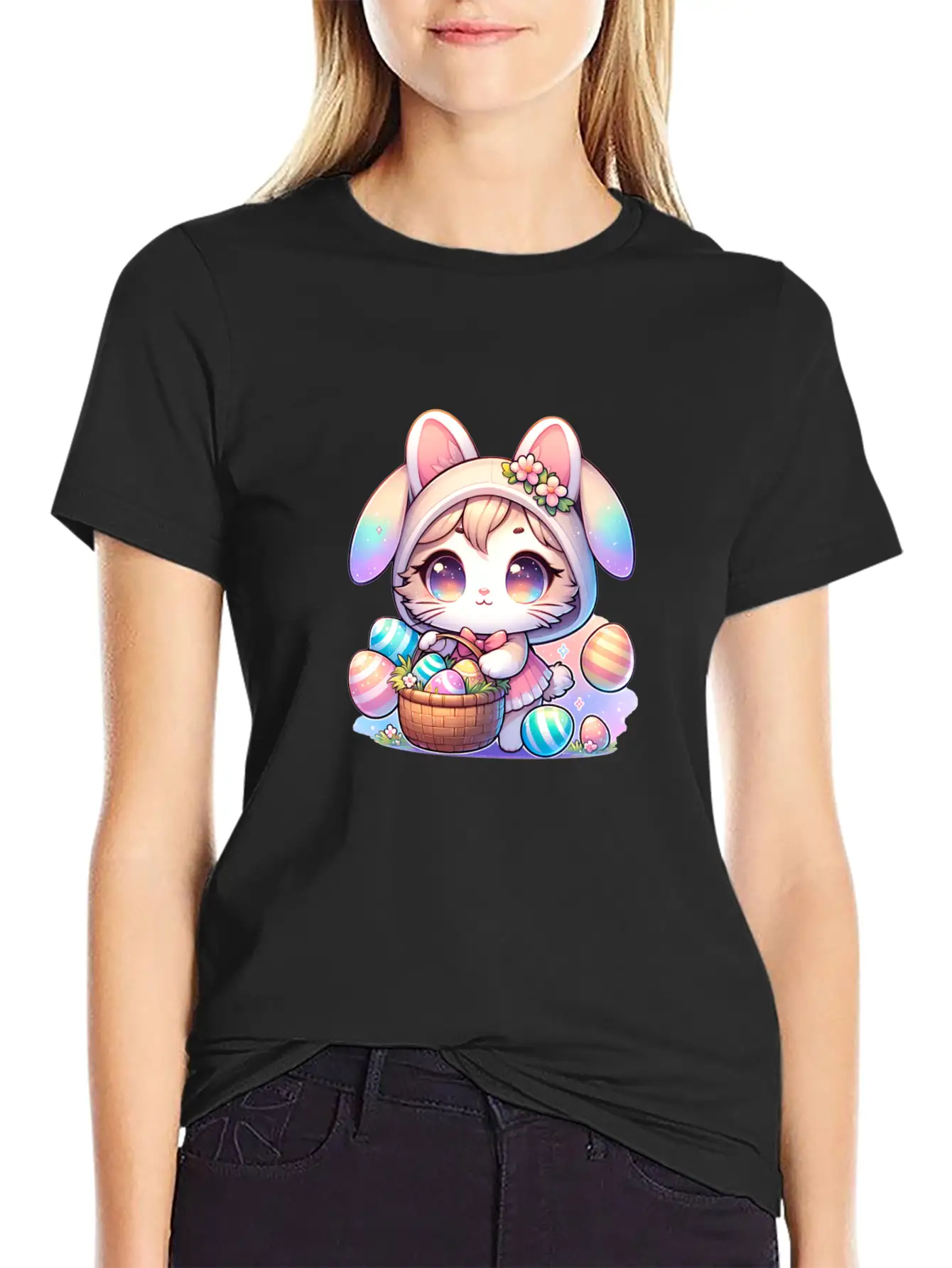 A Kitty With A Bunny Outfit Delivering Easter Eggs Soft Cotton Short Sleeve Tee – Unisex Wardrobe Staple