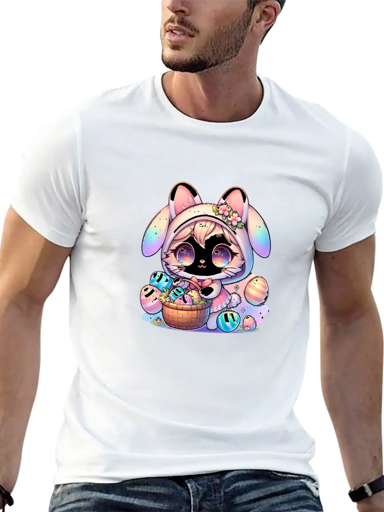 A Kitty With A Bunny Outfit Delivering Easter Eggs Soft Cotton Short Sleeve Tee – Unisex Wardrobe Staple