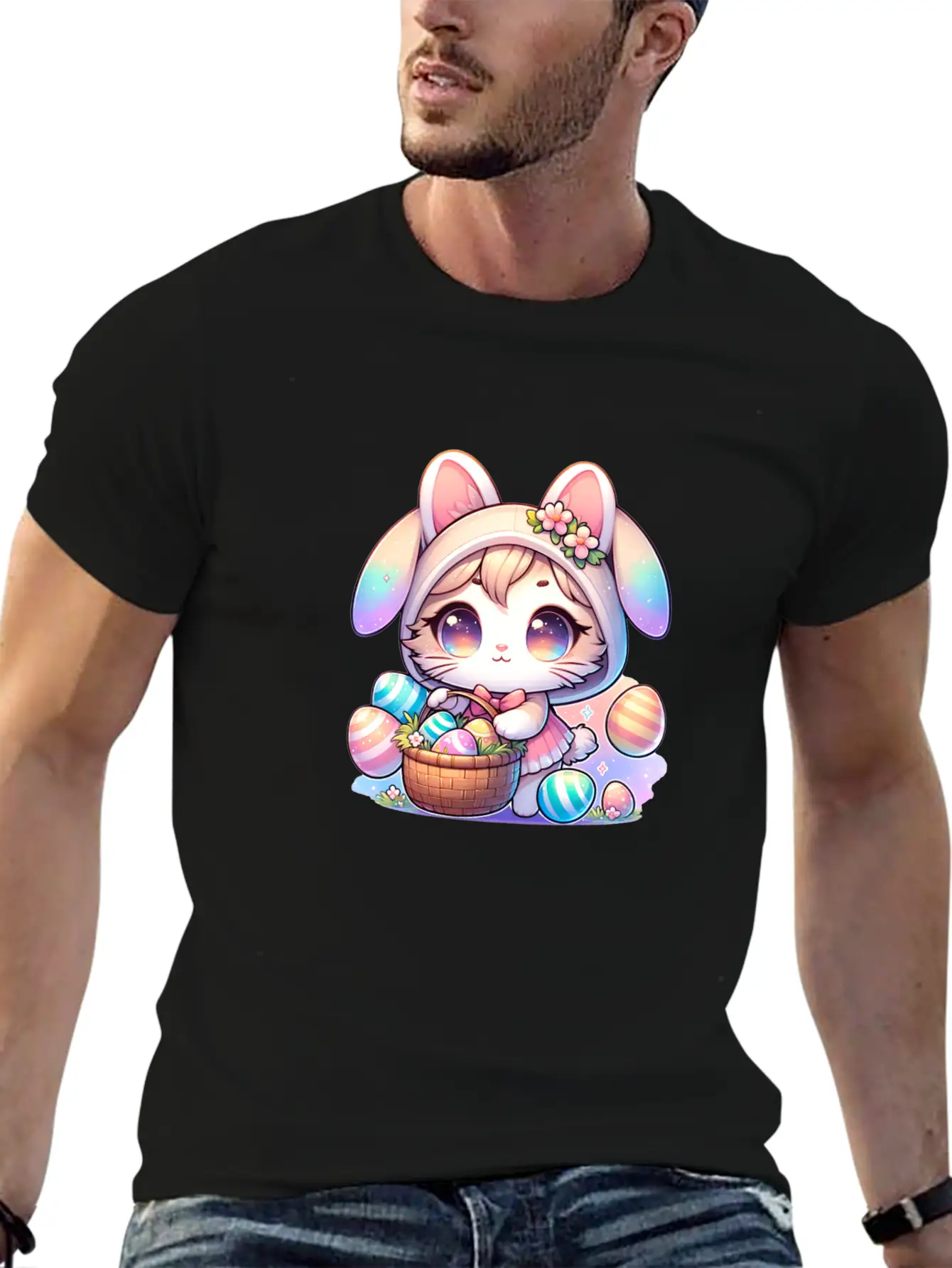 A Kitty With A Bunny Outfit Delivering Easter Eggs Soft Cotton Short Sleeve Tee – Unisex Wardrobe Staple