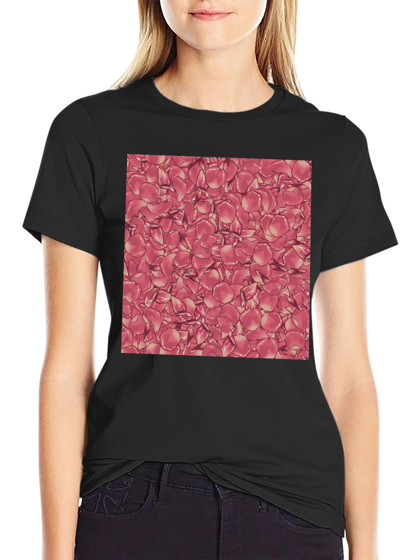 Rose Petal Pattern Black T-Shirt