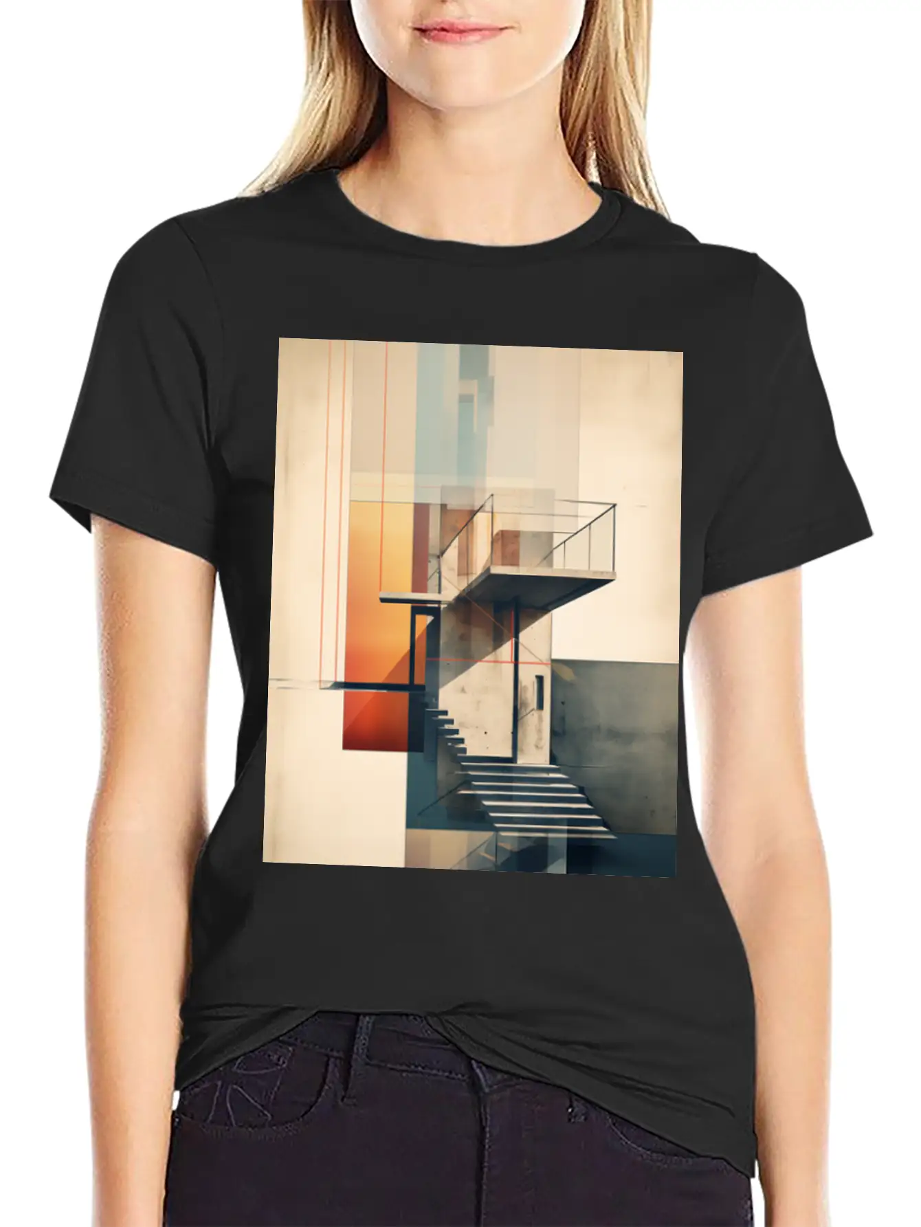 Abstract Building With Stairs. Contemporary Art Modern Fit Casual T-Shirt – Clean And Versatile Design