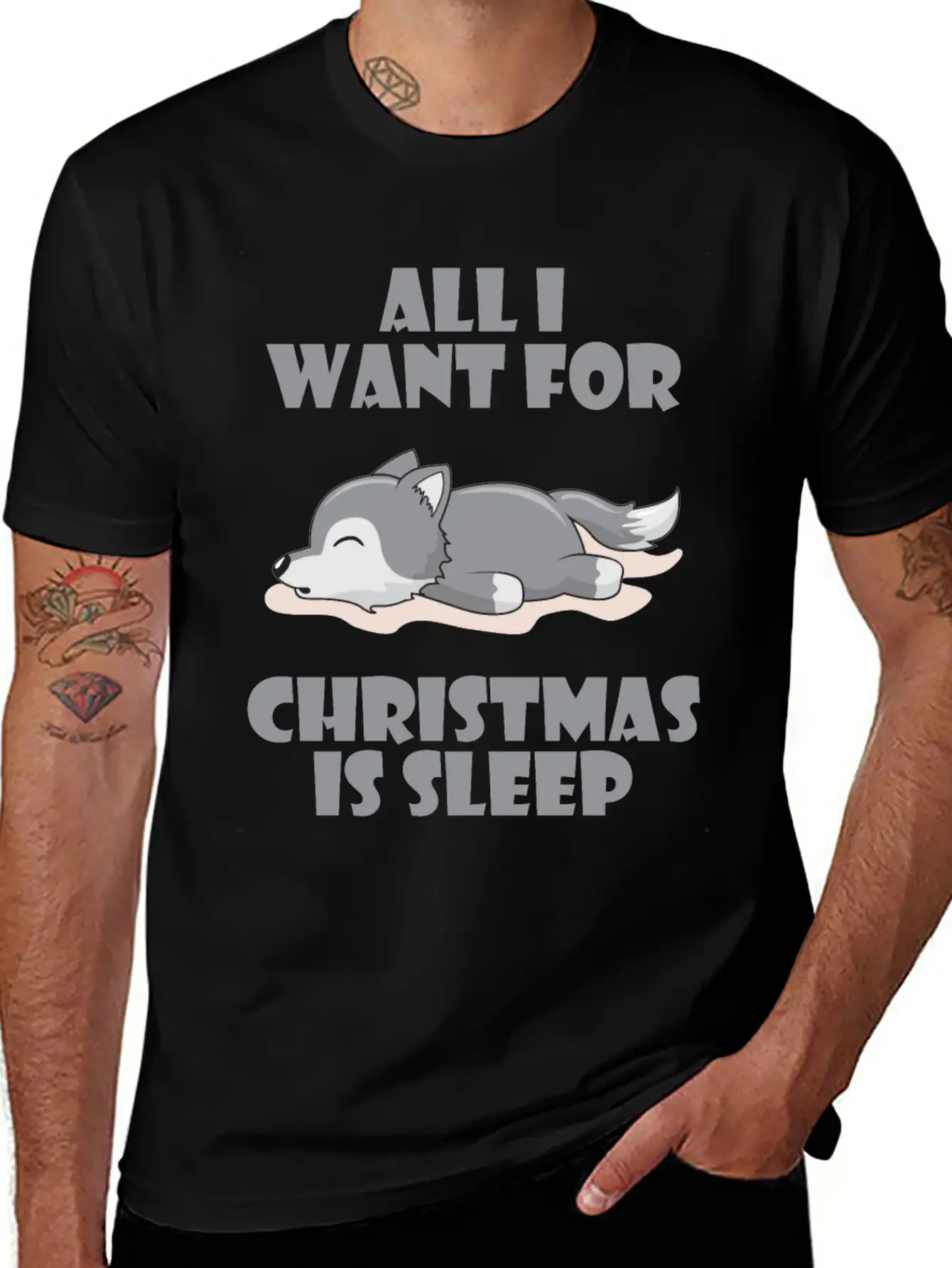All I Want For Christmas Is Sleep Cute Lazy Wolf Lightweight Cotton T-Shirt – Daily Comfort Graphic Shirt