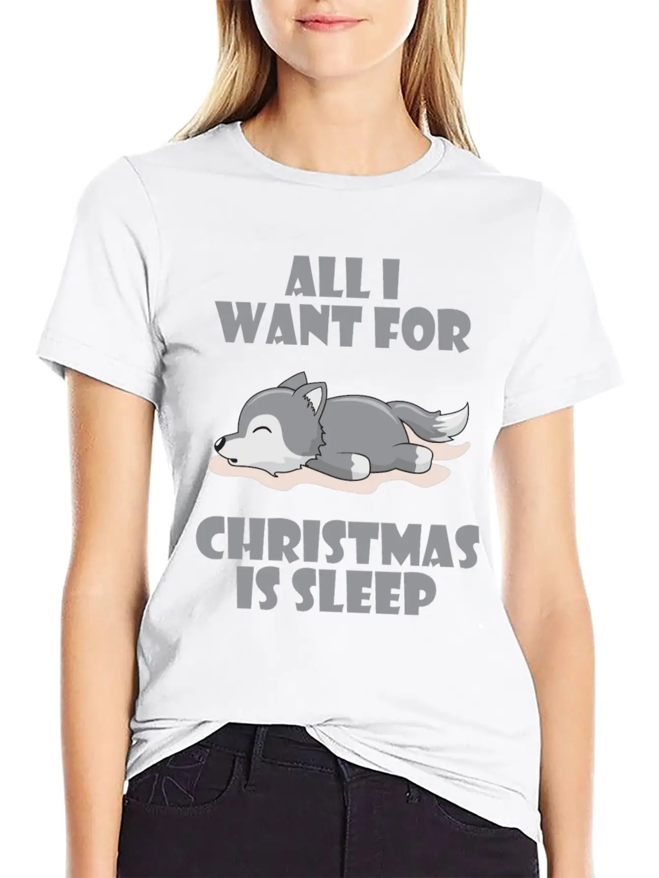 All I Want For Christmas Is Sleep Cute Lazy Wolf Lightweight Cotton T-Shirt – Daily Comfort Graphic Shirt
