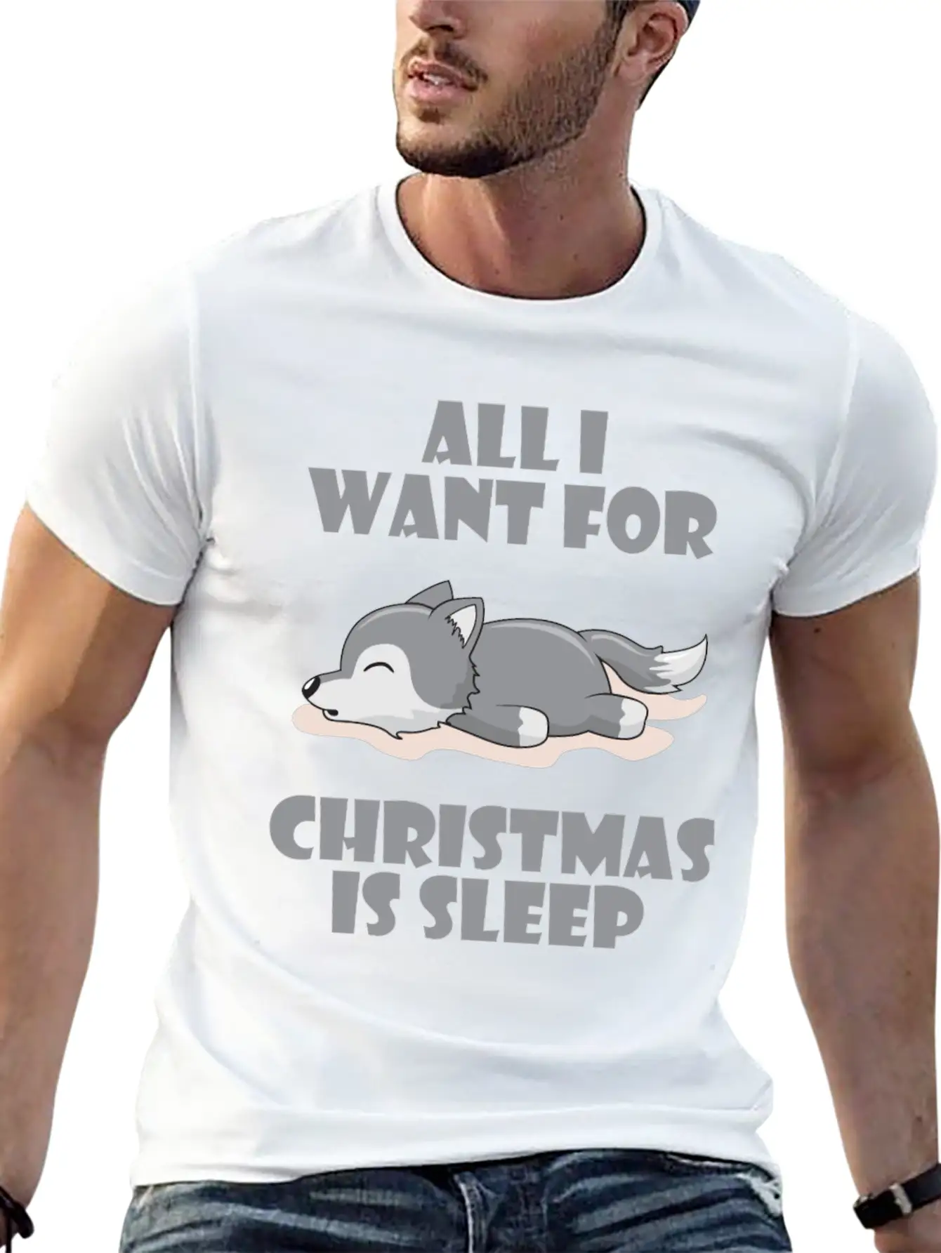 All I Want For Christmas Is Sleep Cute Lazy Wolf Lightweight Cotton T-Shirt – Daily Comfort Graphic Shirt